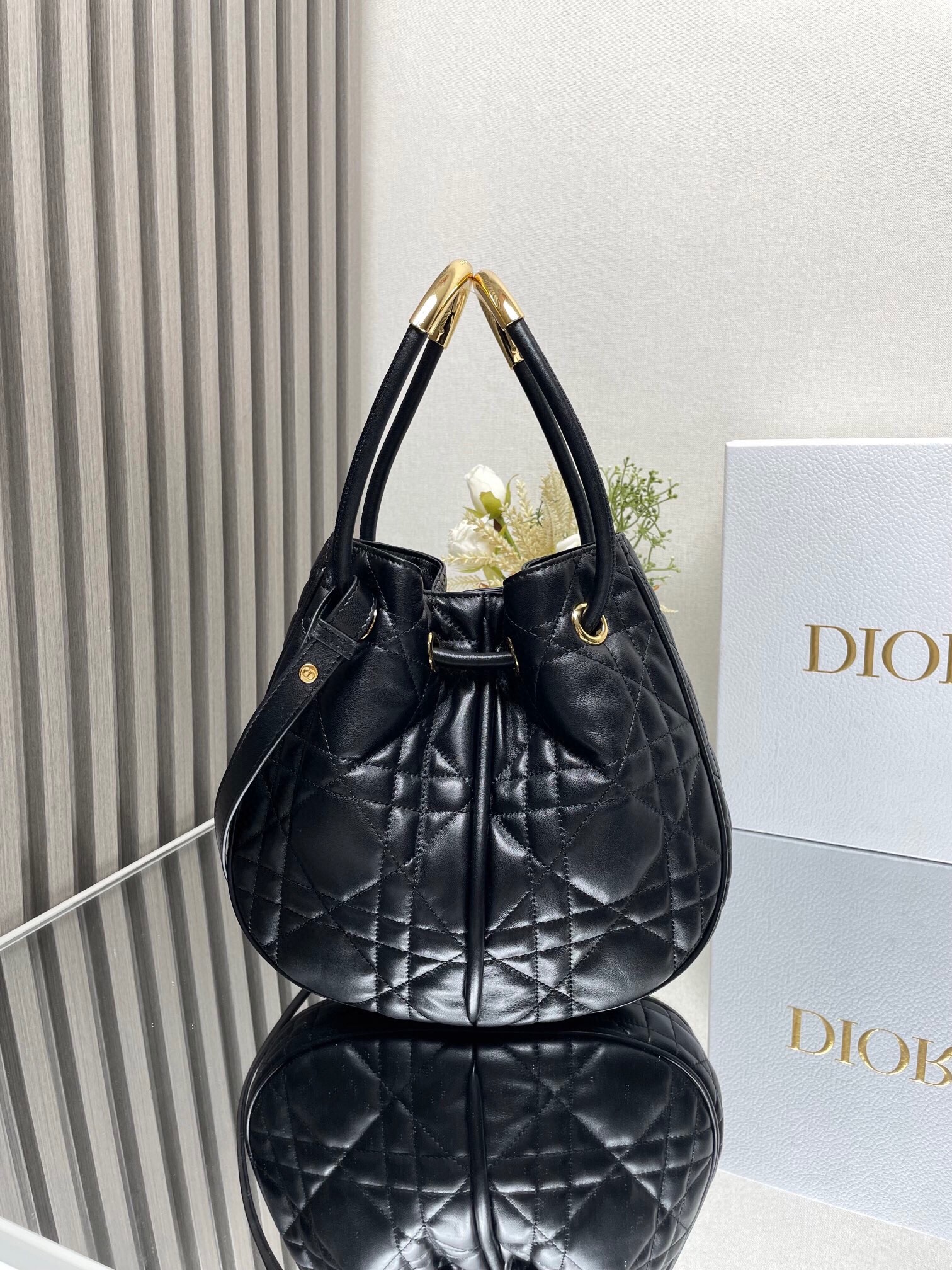 D*or nolita medium bag in black macrocannage lambskin