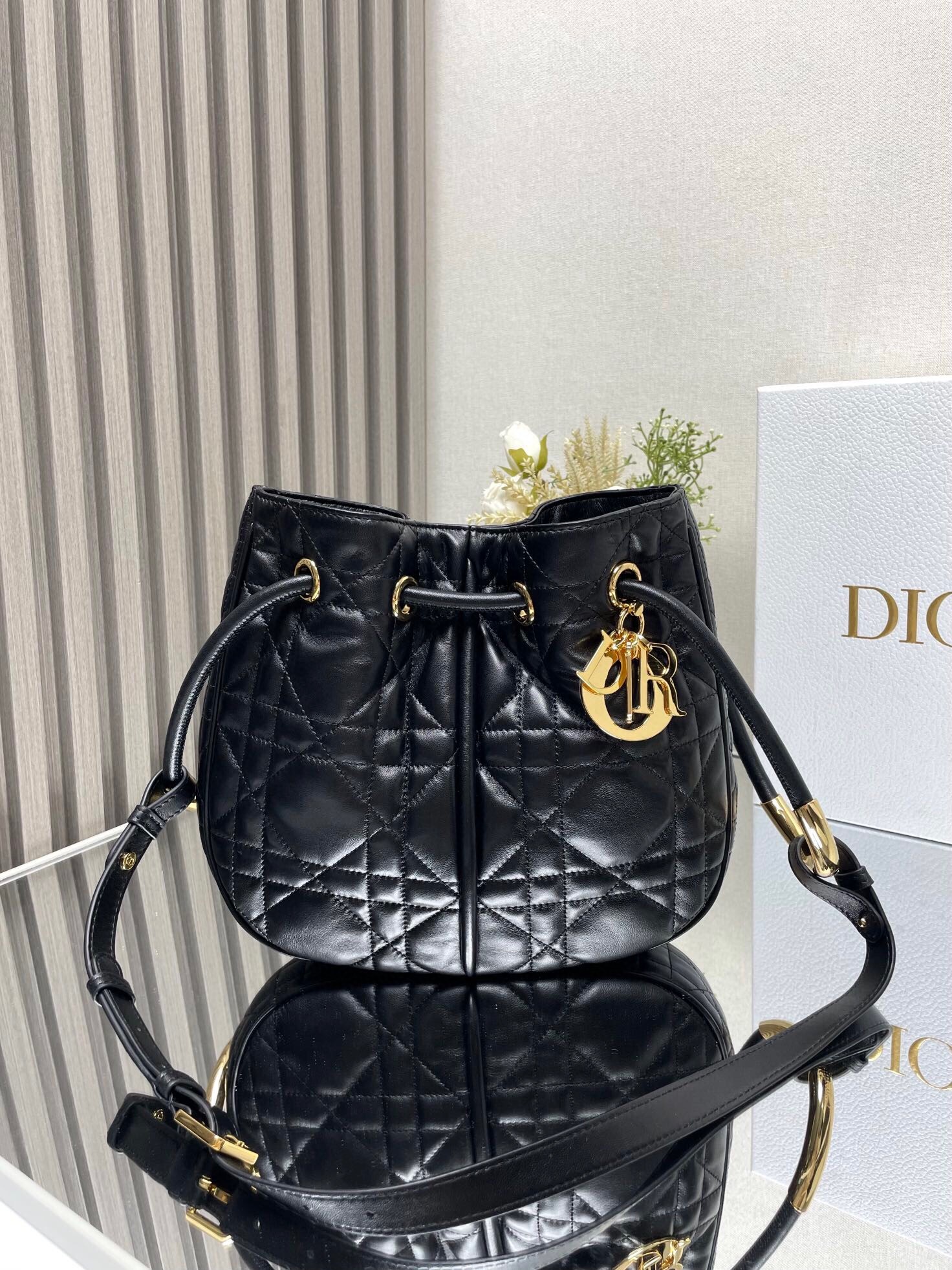 D*or nolita medium bag in black macrocannage lambskin