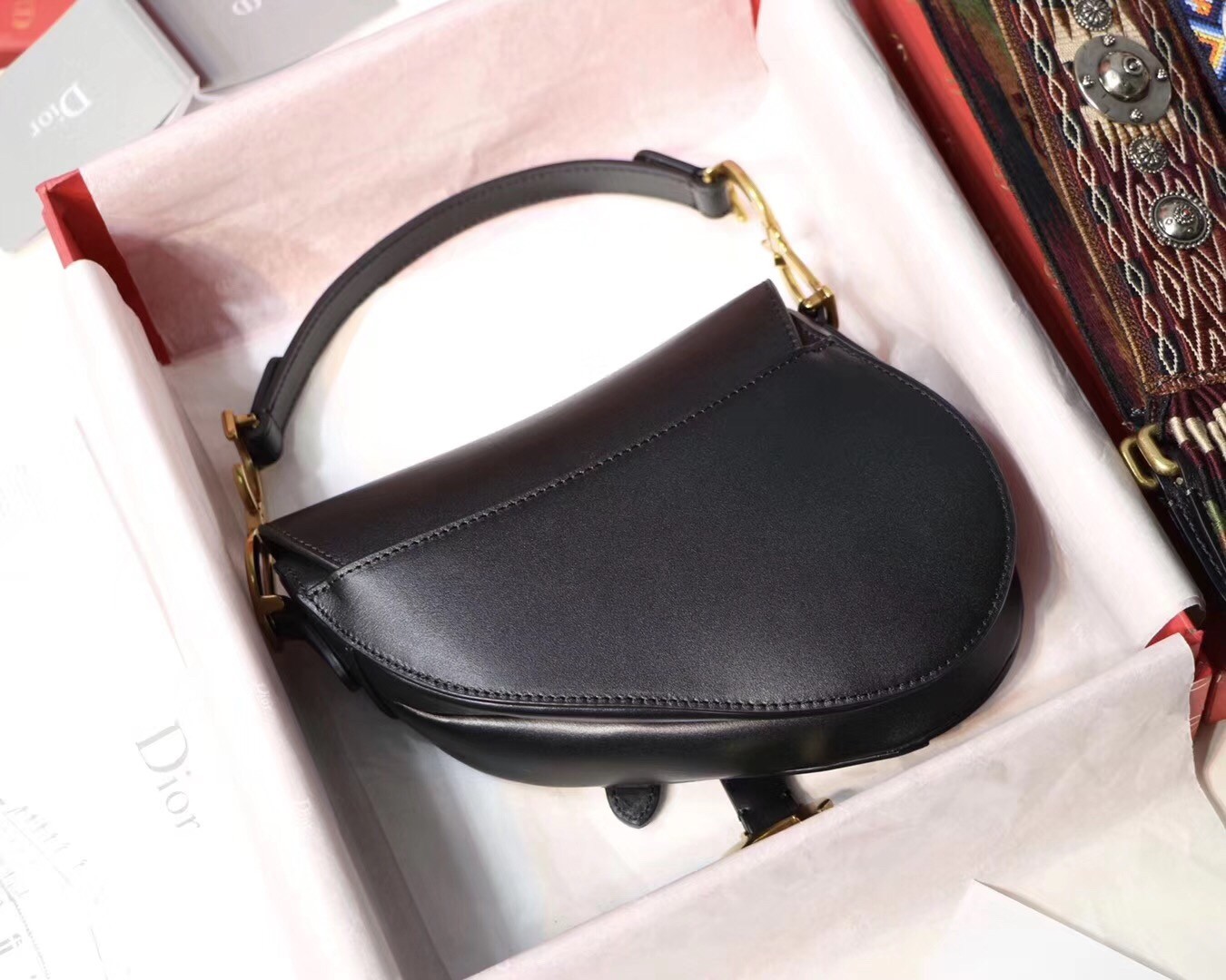 D*or mini saddle bag in black calfskin