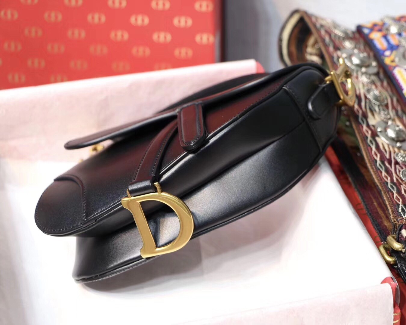 D*or mini saddle bag in black calfskin