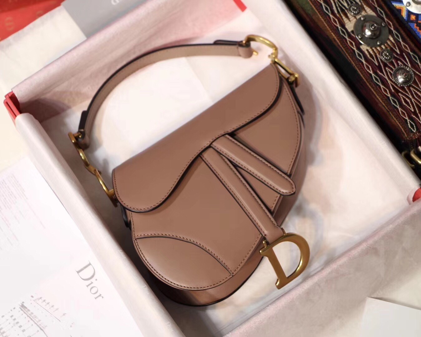 D*or mini saddle bag in nude calfskin