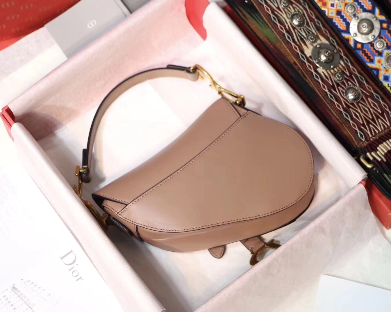 D*or mini saddle bag in nude calfskin