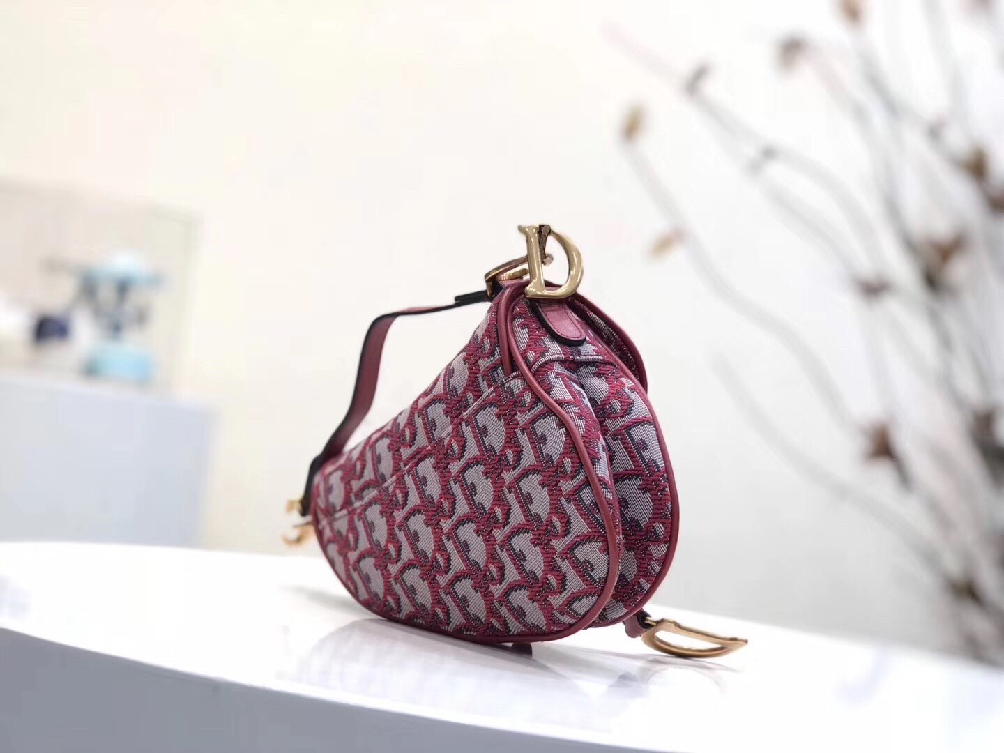 D*or mini saddle bag in bordeaux oblique jacquard canvas