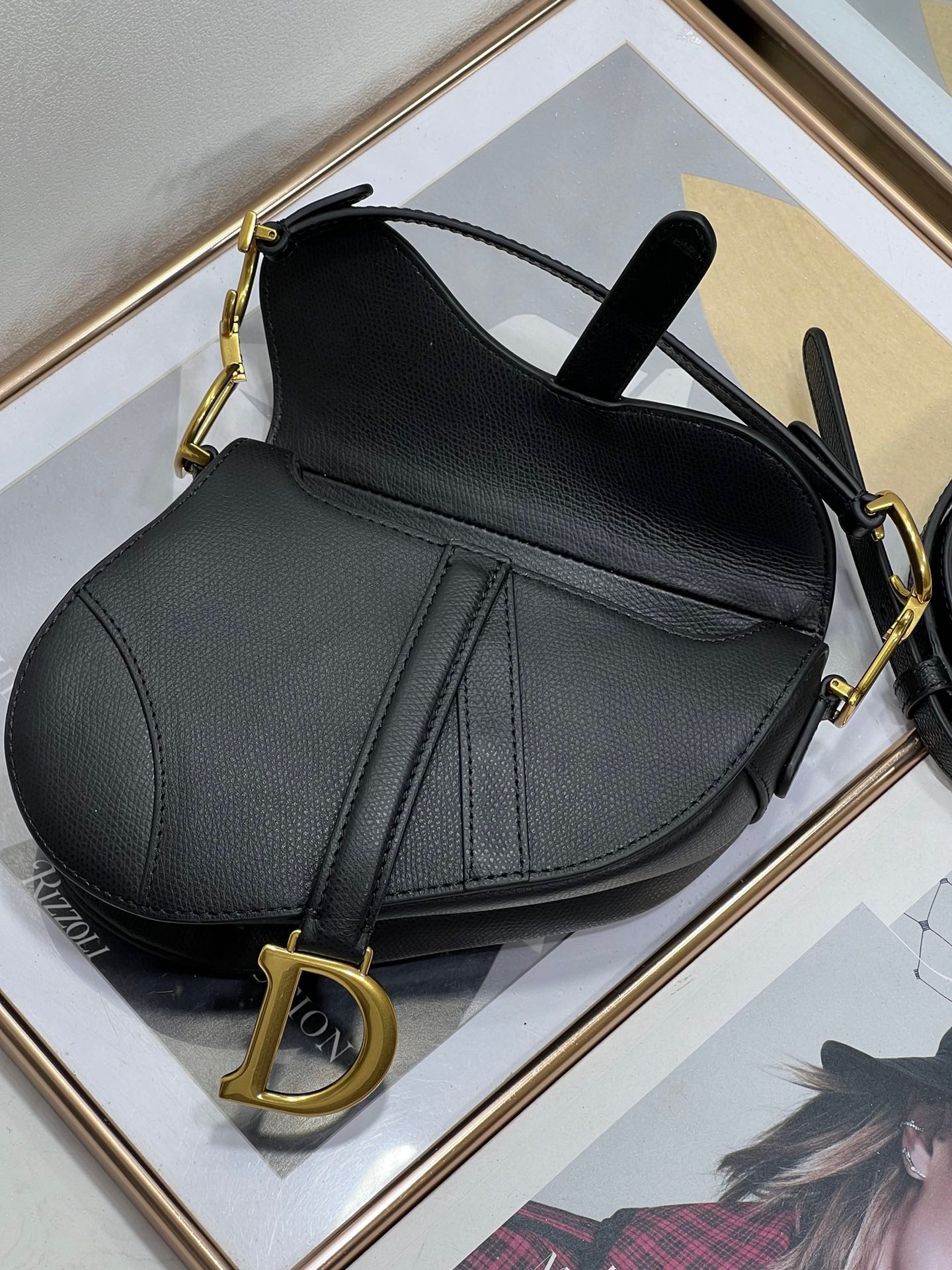 D*or saddle mini bag with strap in black grained calfskin