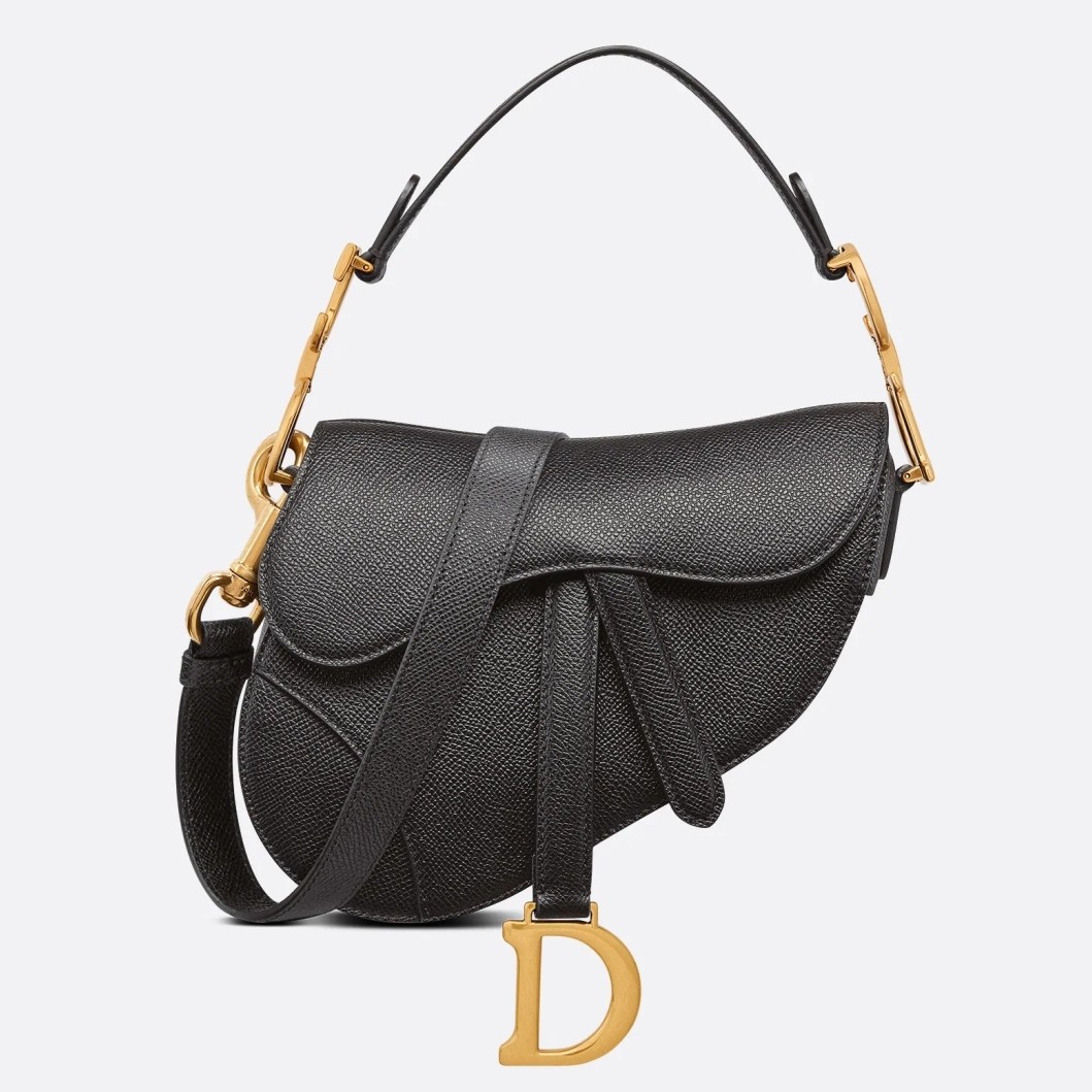 D*or saddle mini bag with strap in black grained calfskin