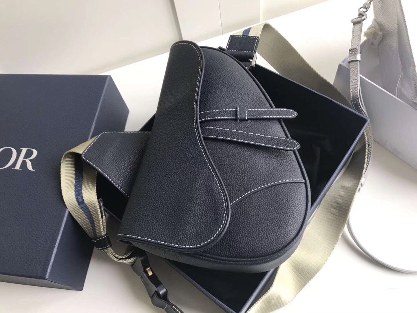 D*or men''s saddle belt bag in navy grained calfskin