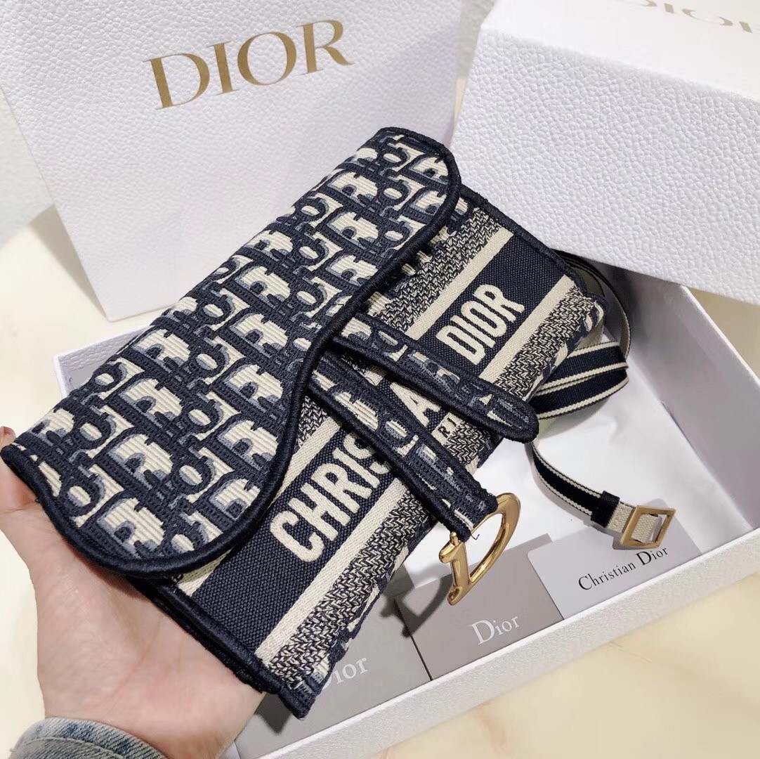 D*or saddle pochette in blue oblique canvas
