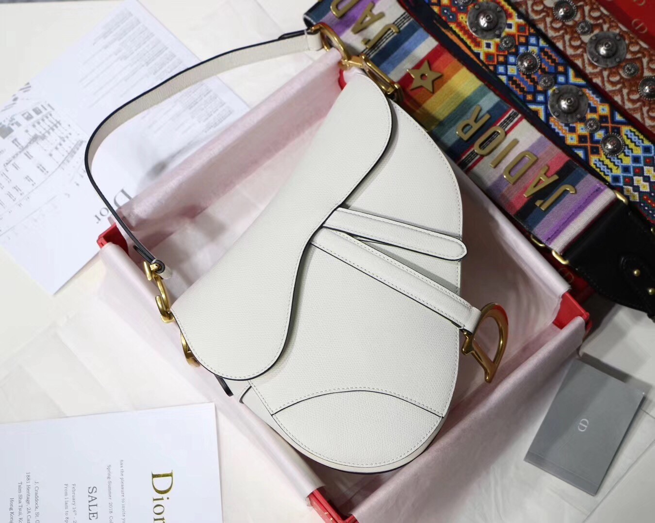 D*or saddle bag in white grained calfskin