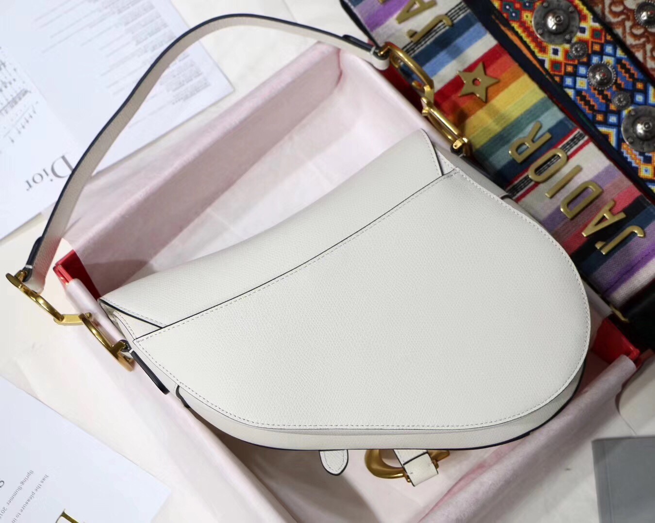 D*or saddle bag in white grained calfskin
