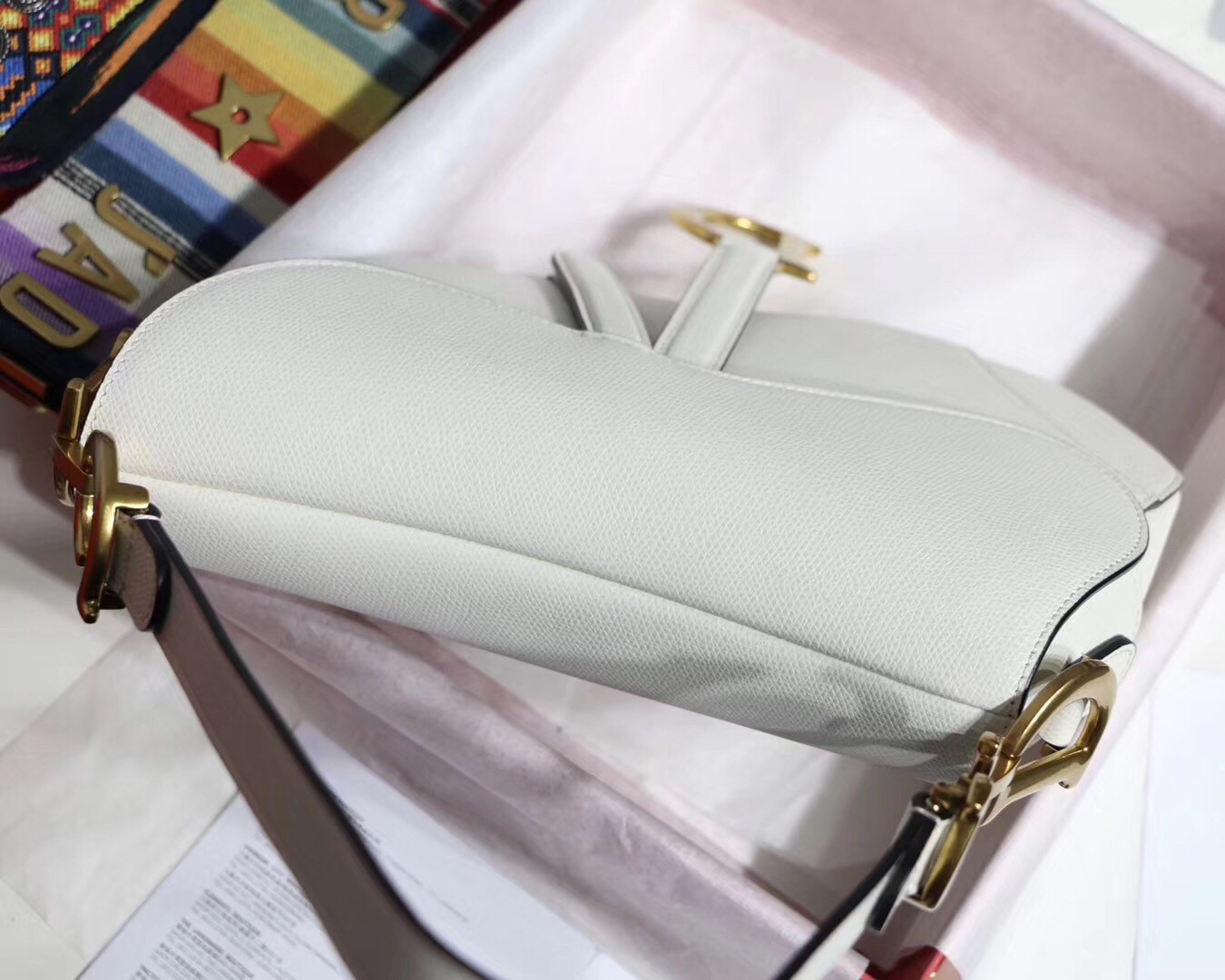 D*or saddle bag in white grained calfskin
