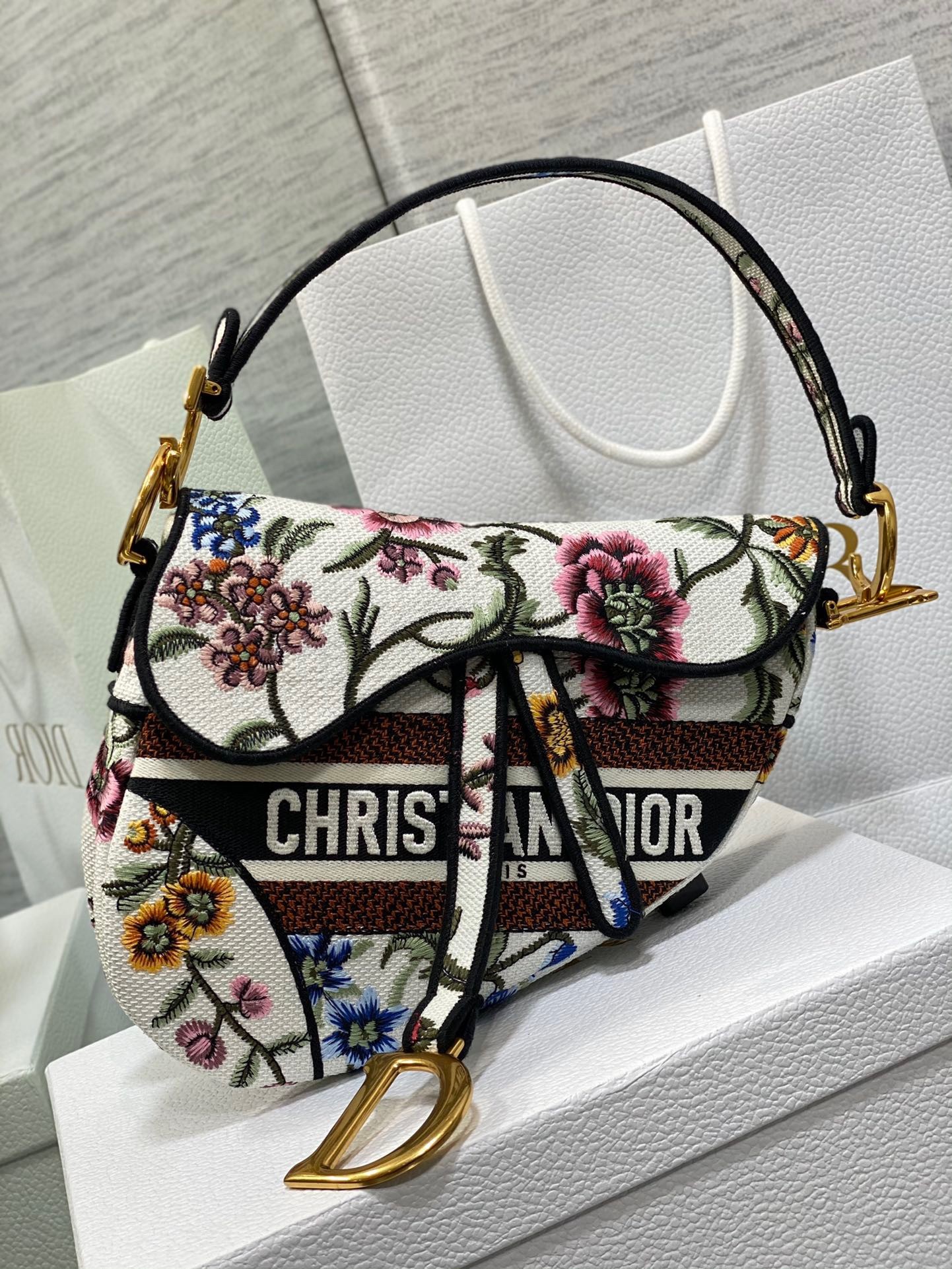 D*or saddle bag in white multicolor D*or petites fleurs embroidery
