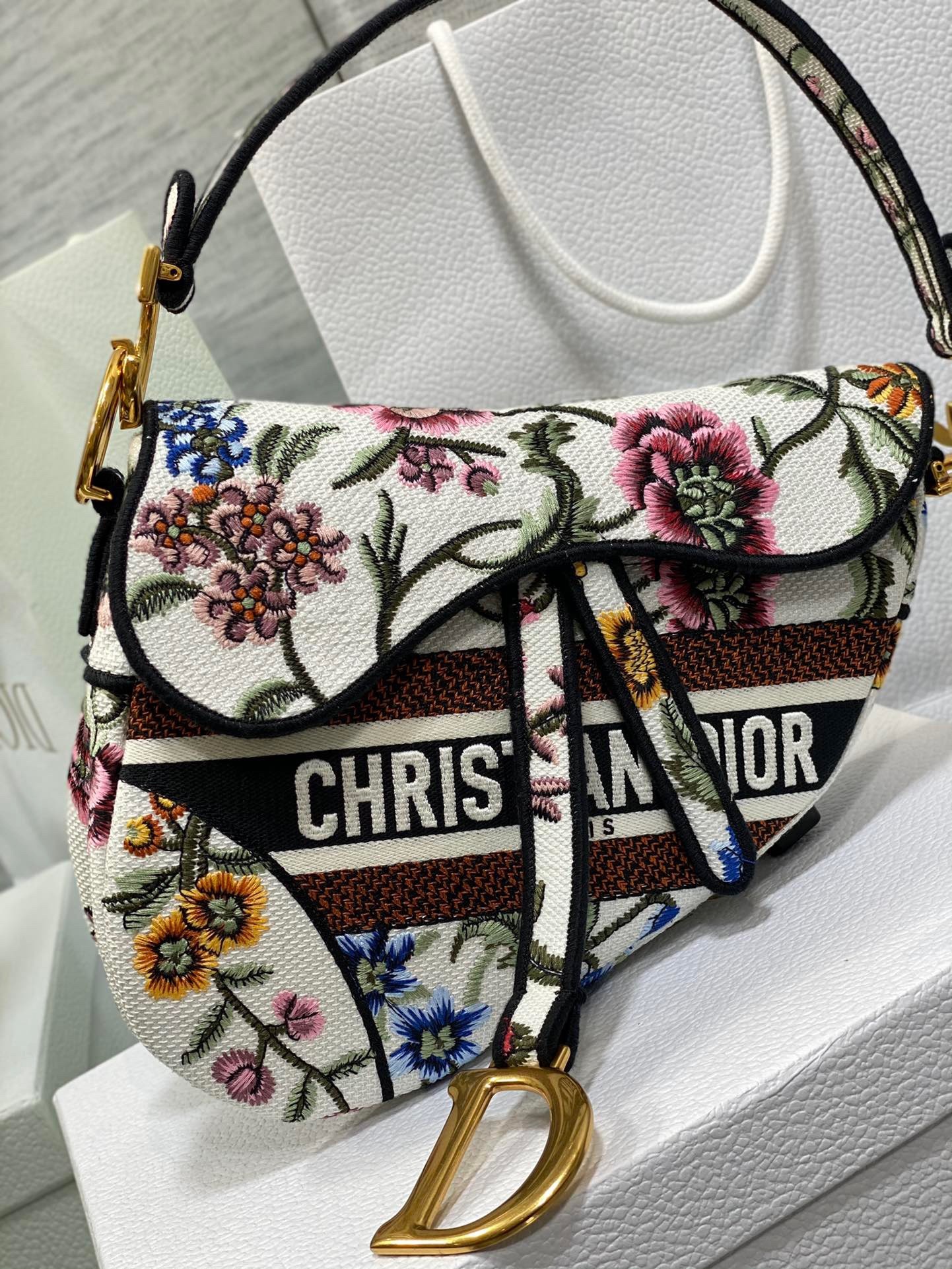 D*or saddle bag in white multicolor D*or petites fleurs embroidery