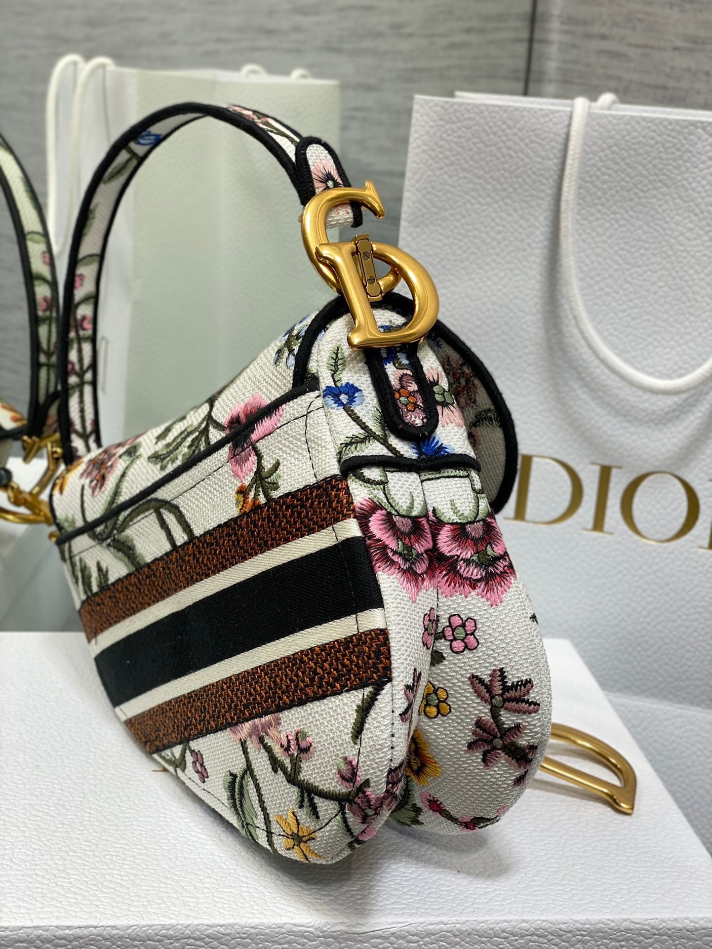 D*or saddle bag in white multicolor D*or petites fleurs embroidery