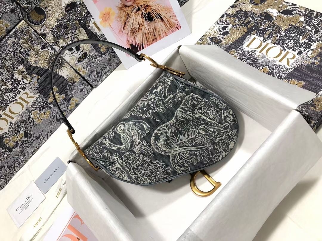 D*or saddle bag in grey toile de jouy reverse jacquard
