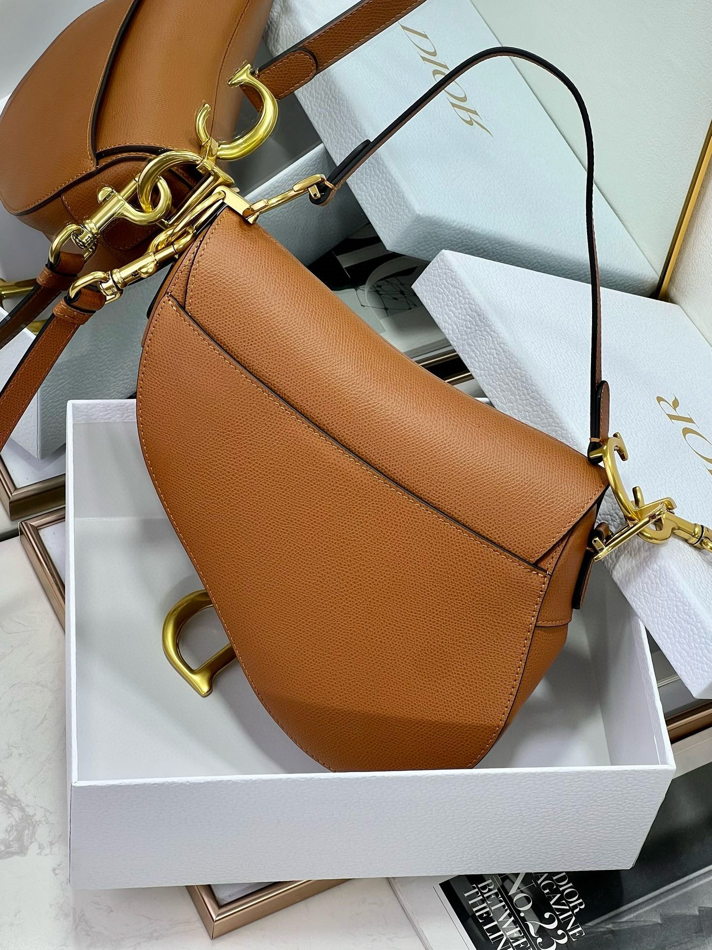 D*or saddle bag with strap in brown grained calfskin