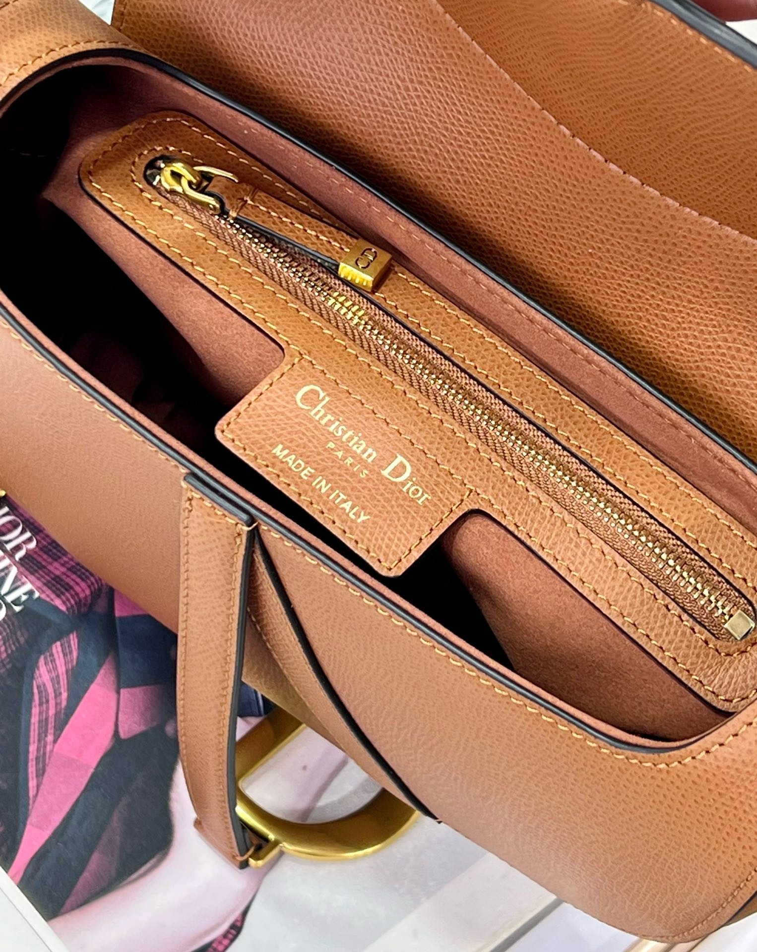 D*or saddle bag with strap in brown grained calfskin