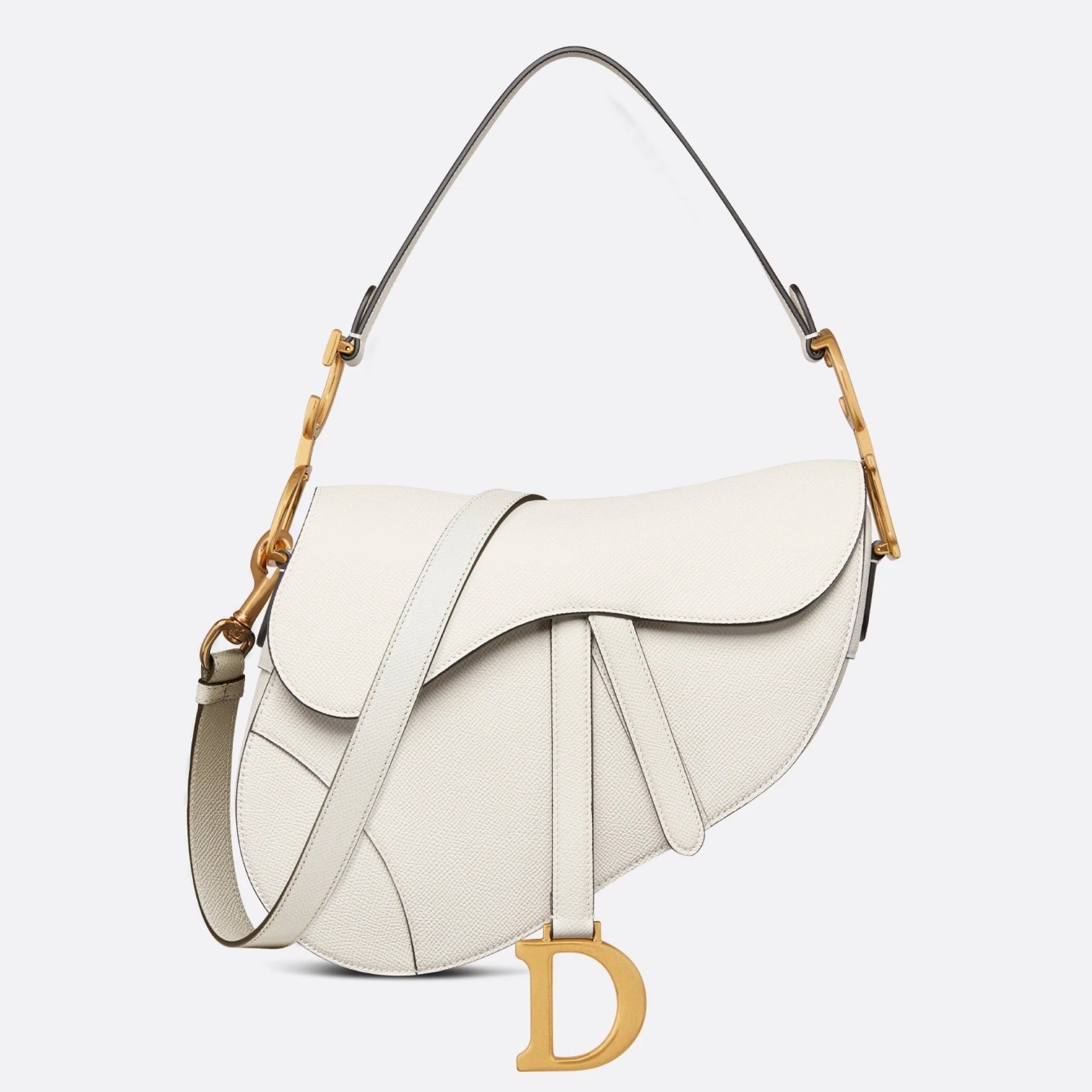 D*or saddle bag with strap in white grained calfskin