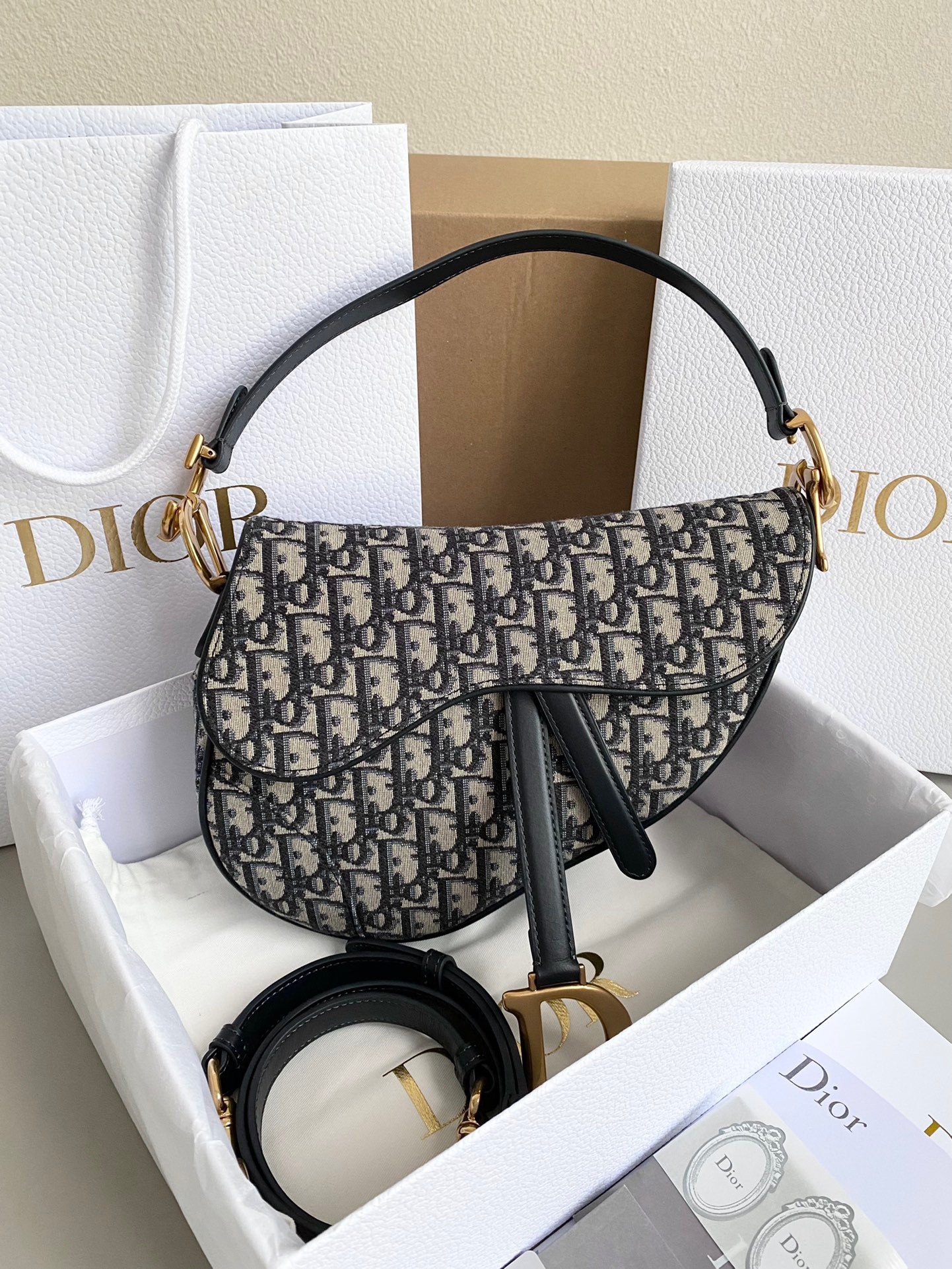 D*or saddle bag with strap in blue oblique jacquard