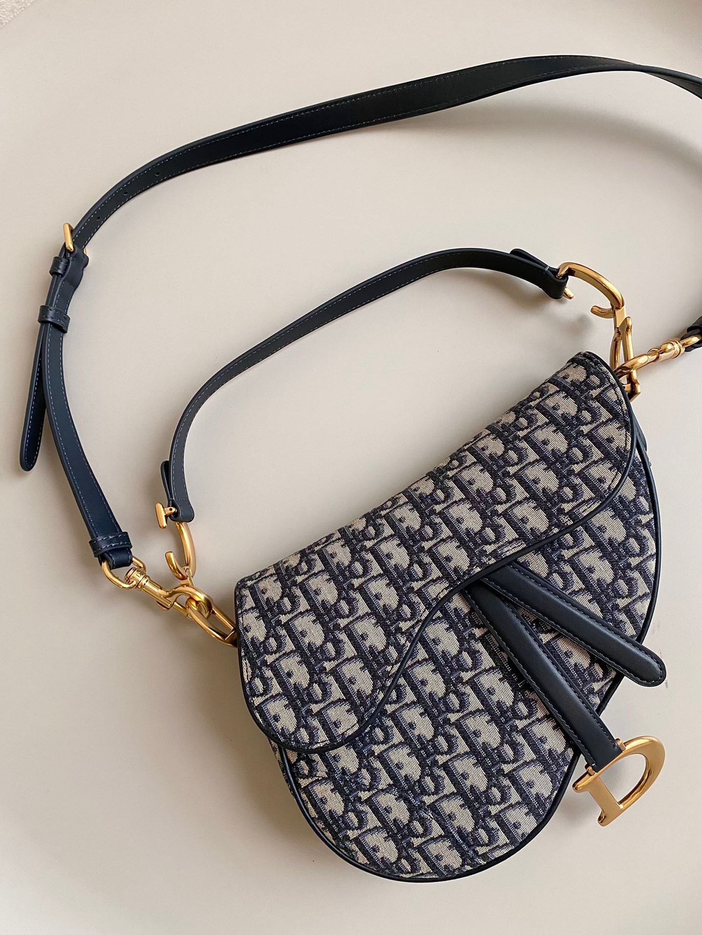 D*or saddle bag with strap in blue oblique jacquard