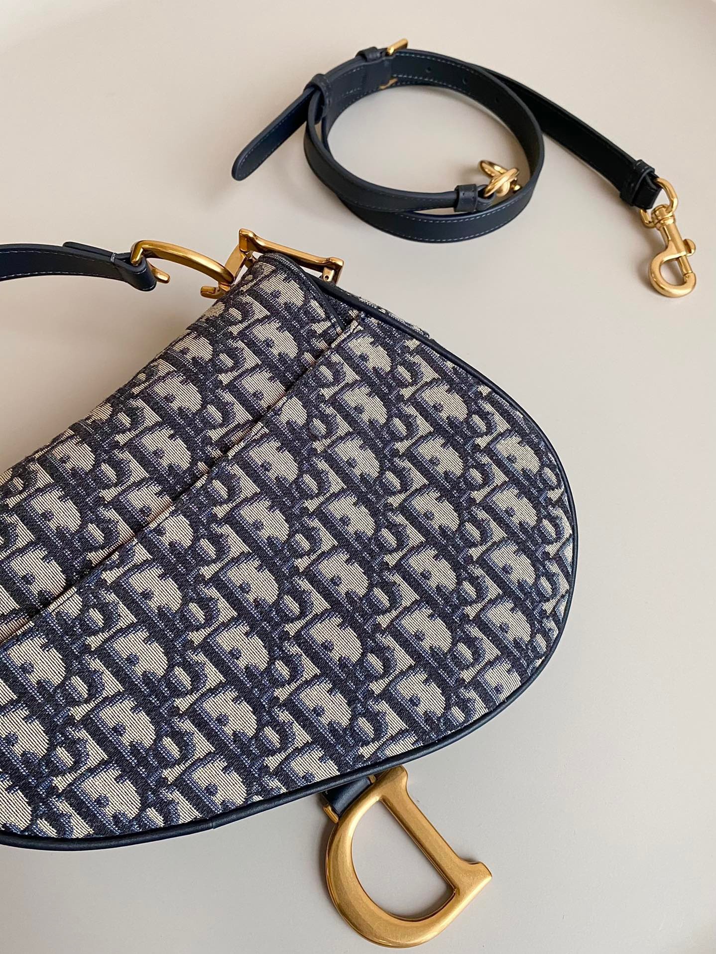 D*or saddle bag with strap in blue oblique jacquard