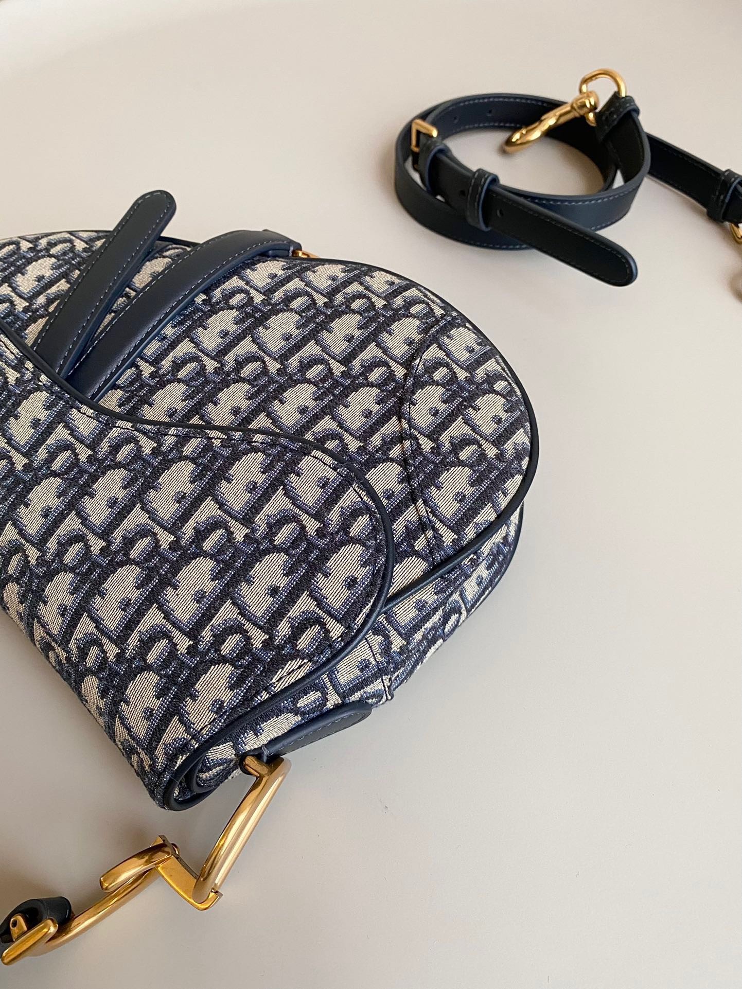 D*or saddle bag with strap in blue oblique jacquard