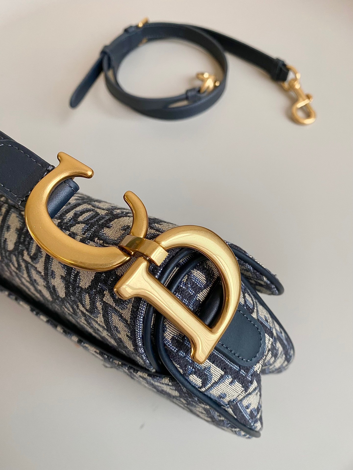 D*or saddle bag with strap in blue oblique jacquard