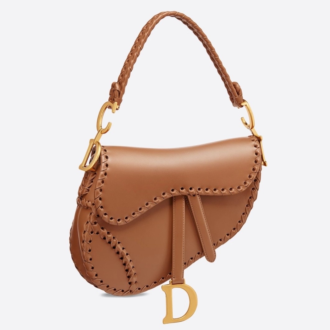 D*or saddle bag in brown calfskin with threaded edges