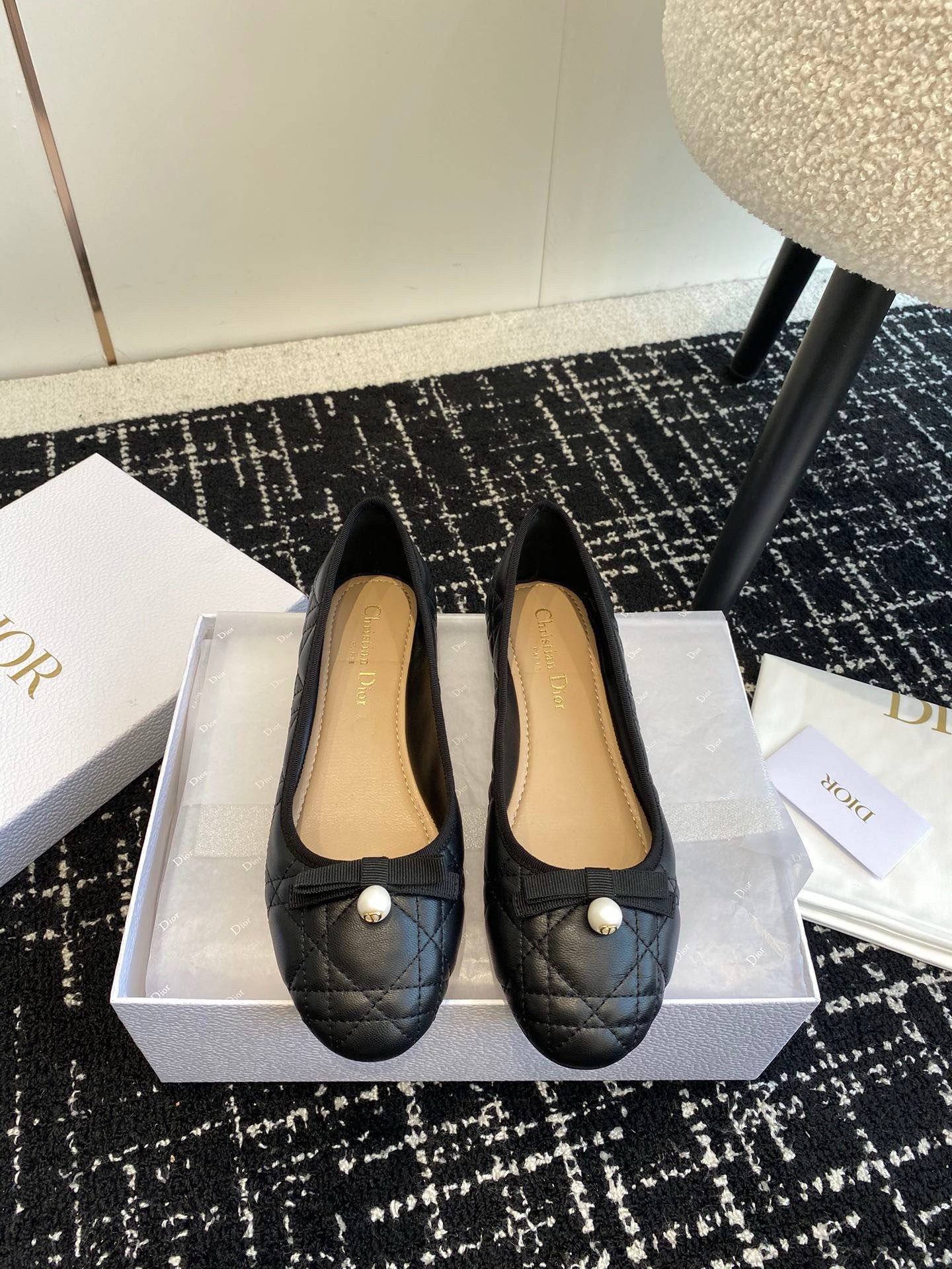 D*or ballerina flats in black quilted cannage calfskin