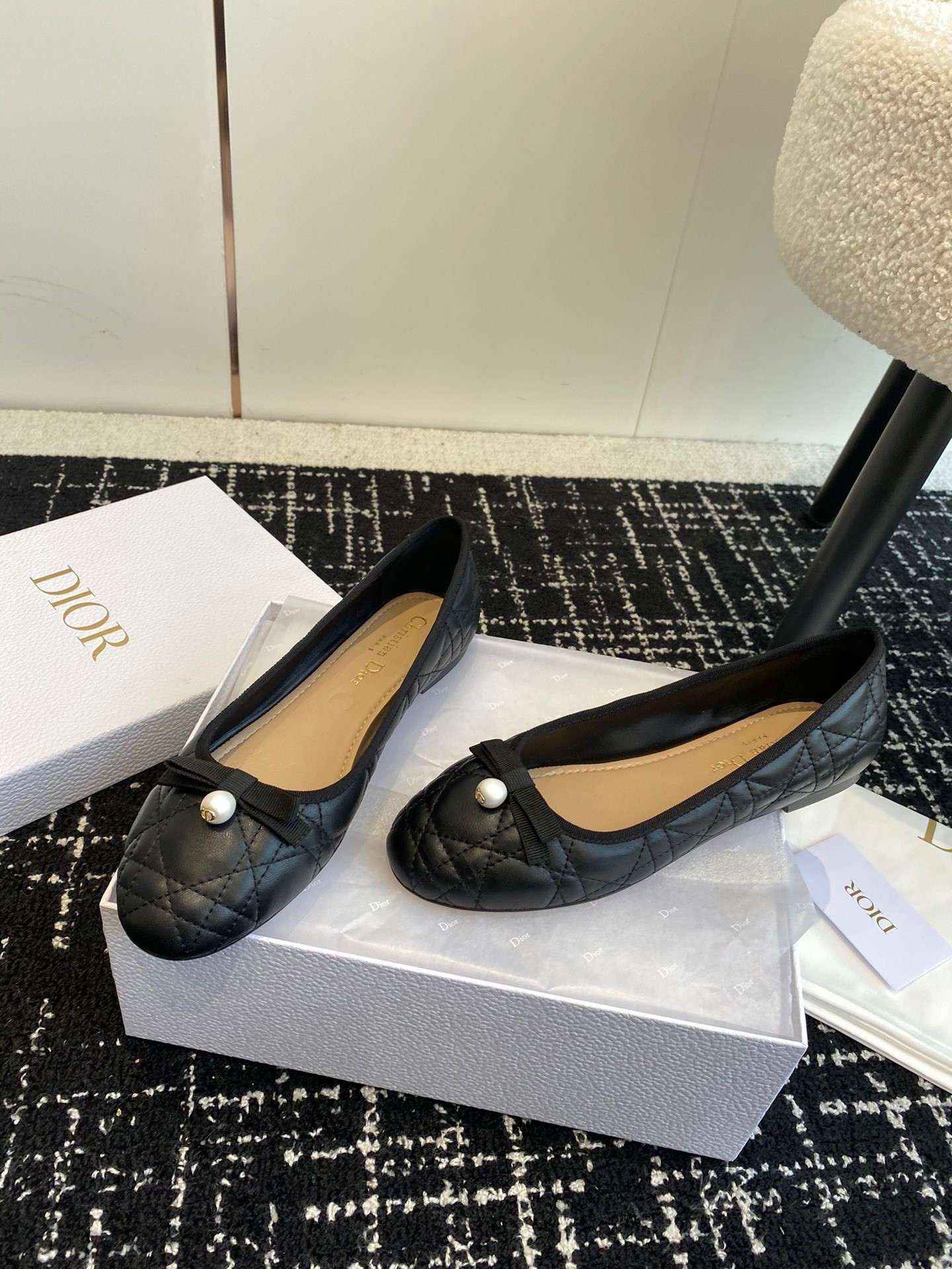 D*or ballerina flats in black quilted cannage calfskin
