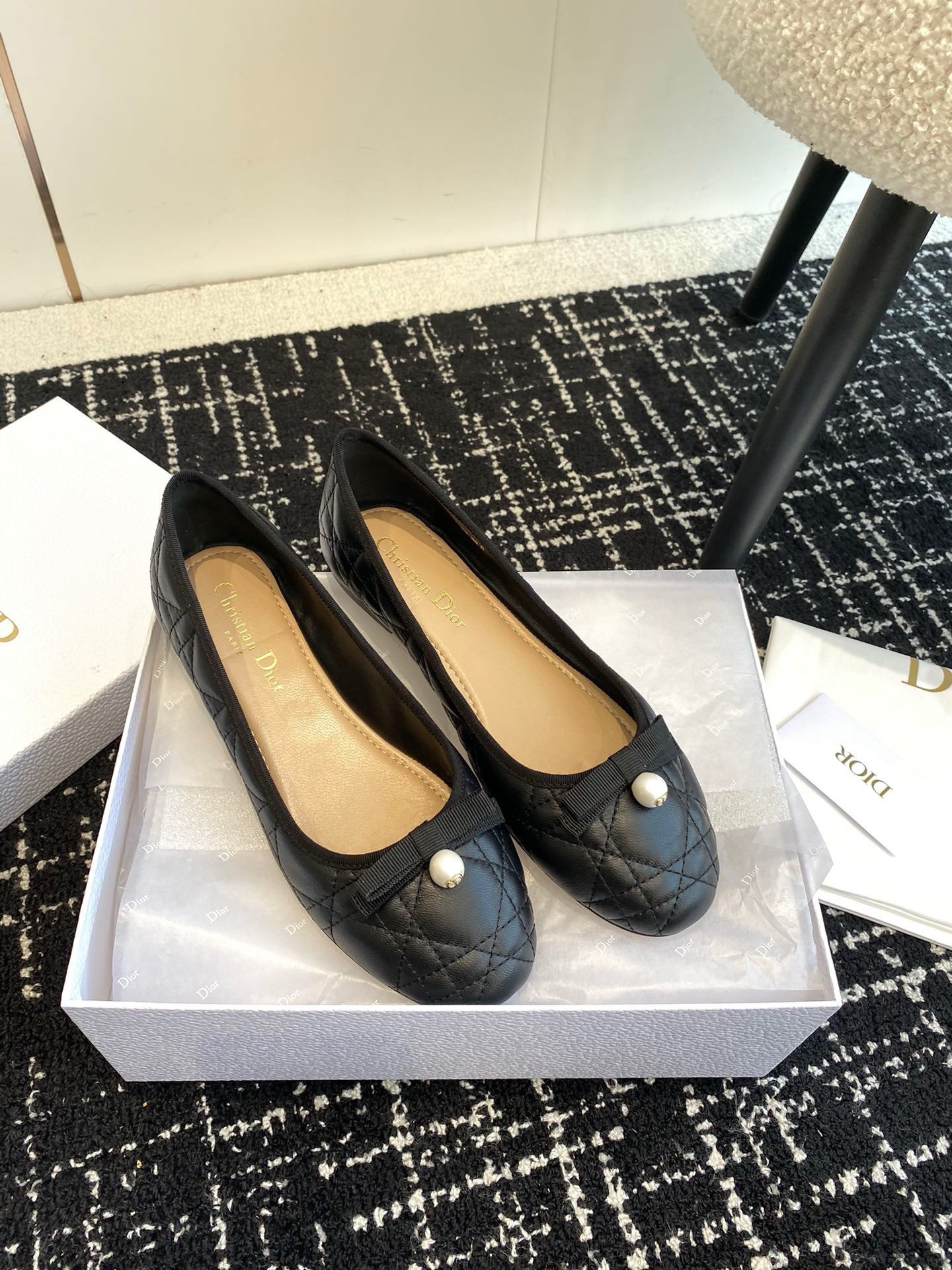 D*or ballerina flats in black quilted cannage calfskin