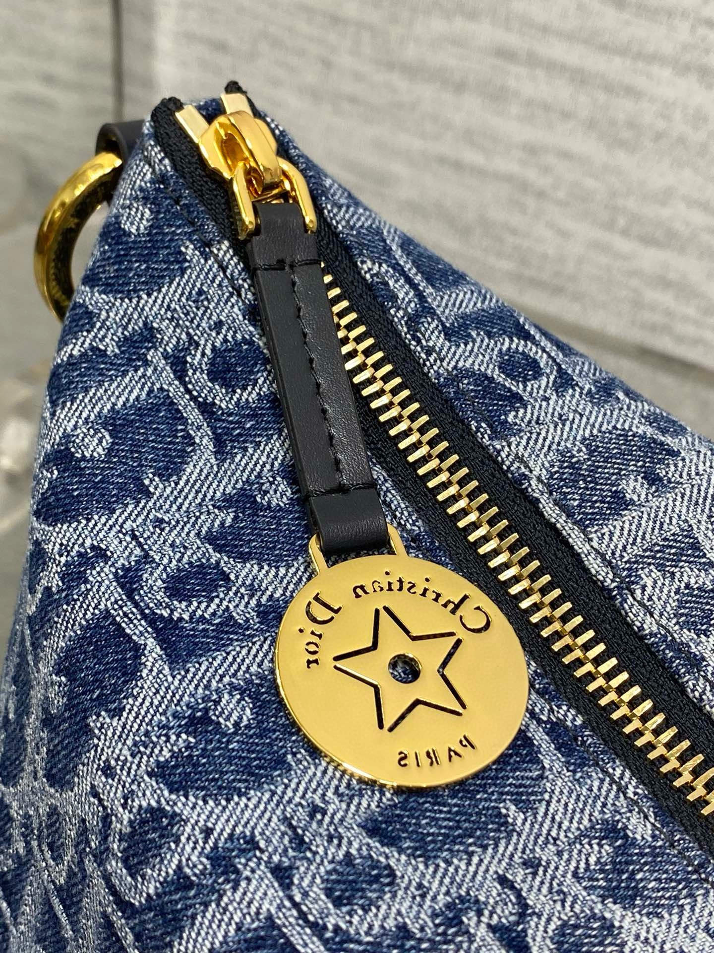 D*or D*orstar hobo bag with chain in blue denim oblique jacquard