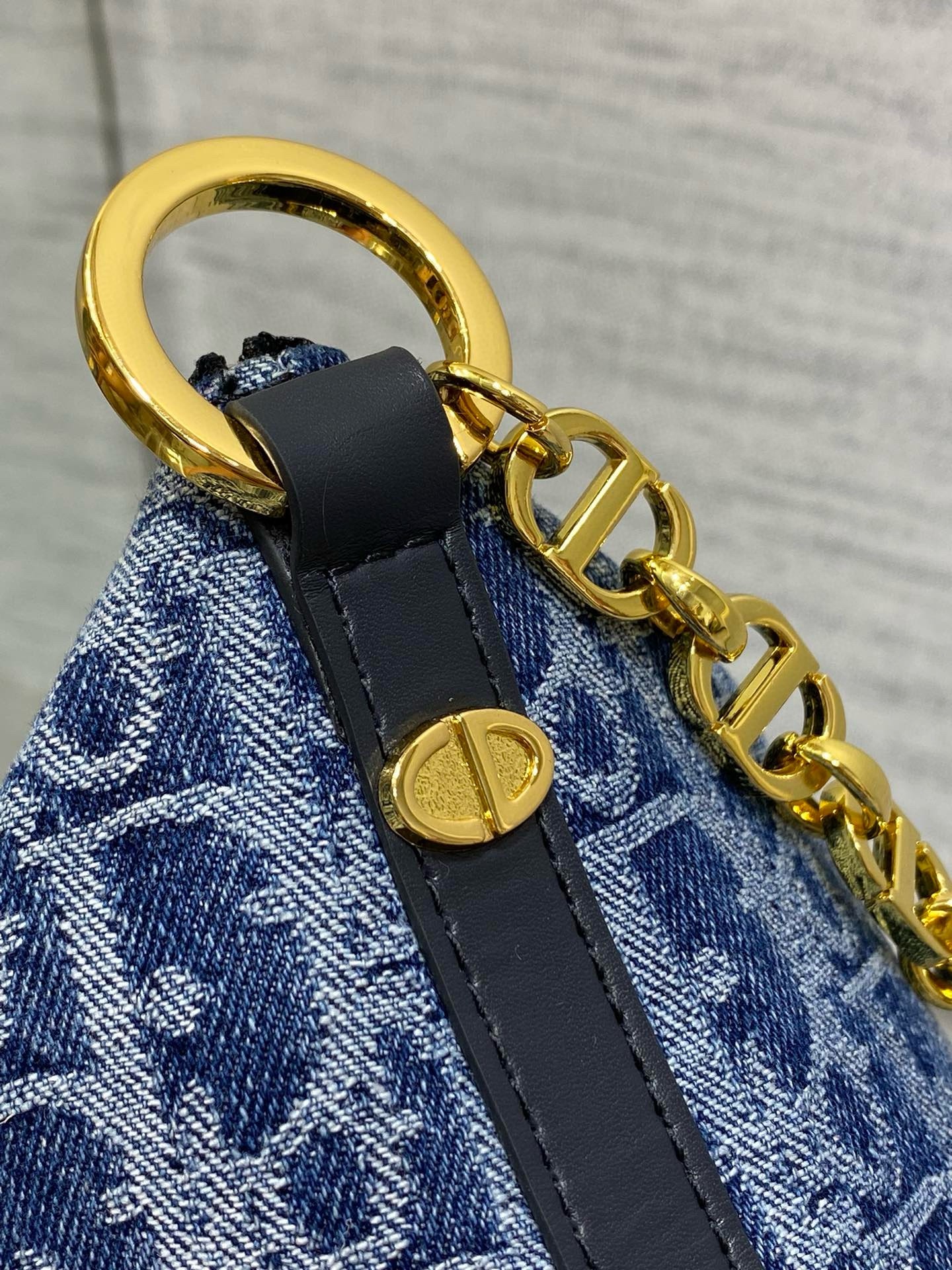 D*or D*orstar hobo bag with chain in blue denim oblique jacquard