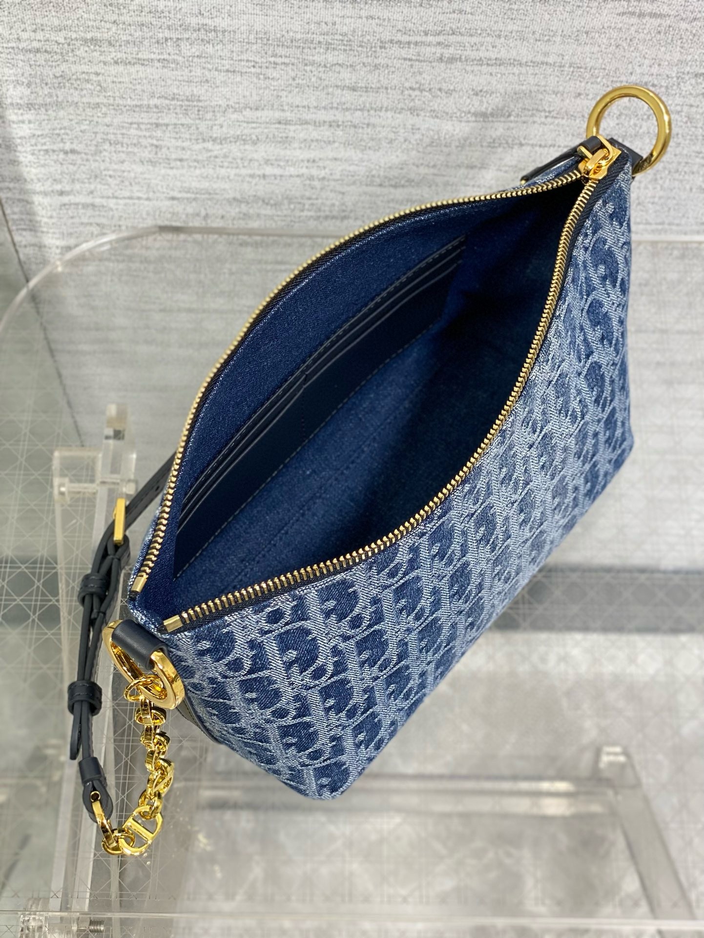 D*or D*orstar hobo bag with chain in blue denim oblique jacquard