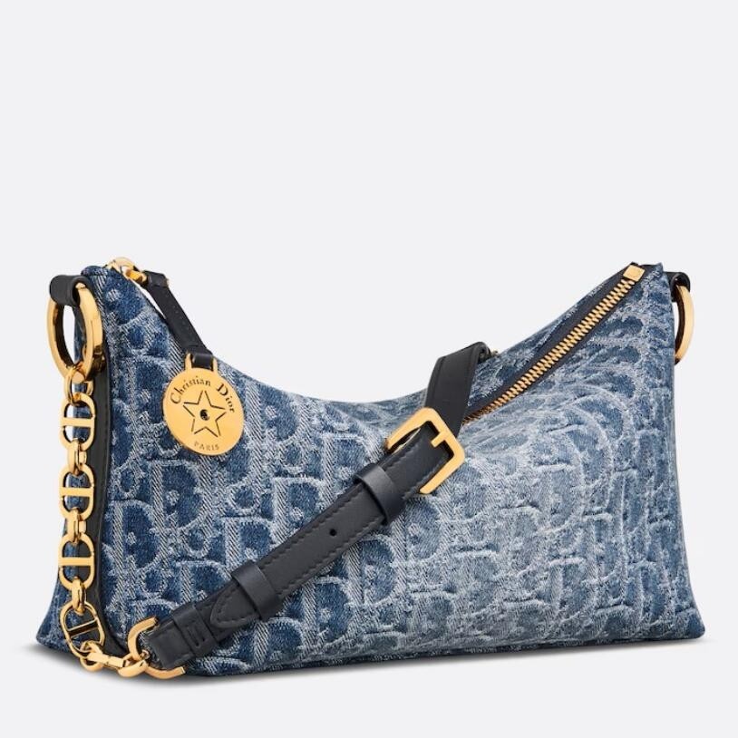 D*or D*orstar hobo bag with chain in blue denim oblique jacquard