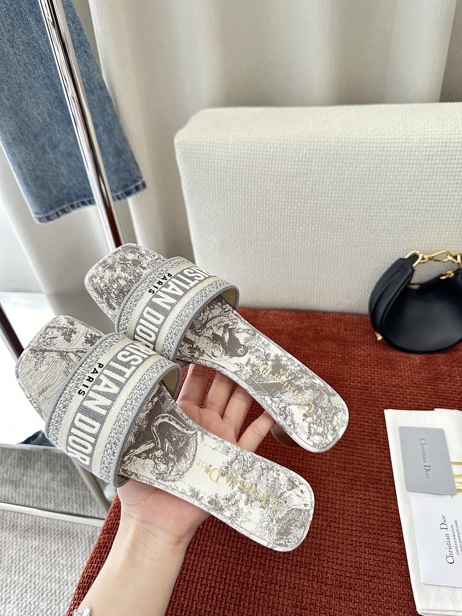 D*or D*oriviera dway heeled 35mm slides in grey toile de jouy sauvage cotton