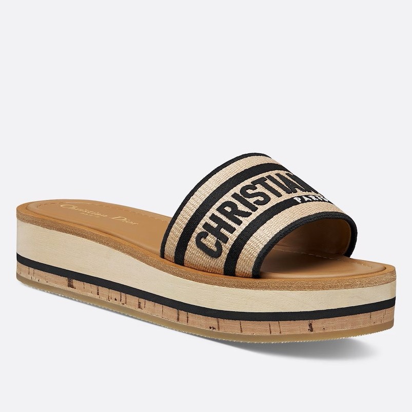 D*or D*oriviera dway platform slides in raffia and black embroidered cotton