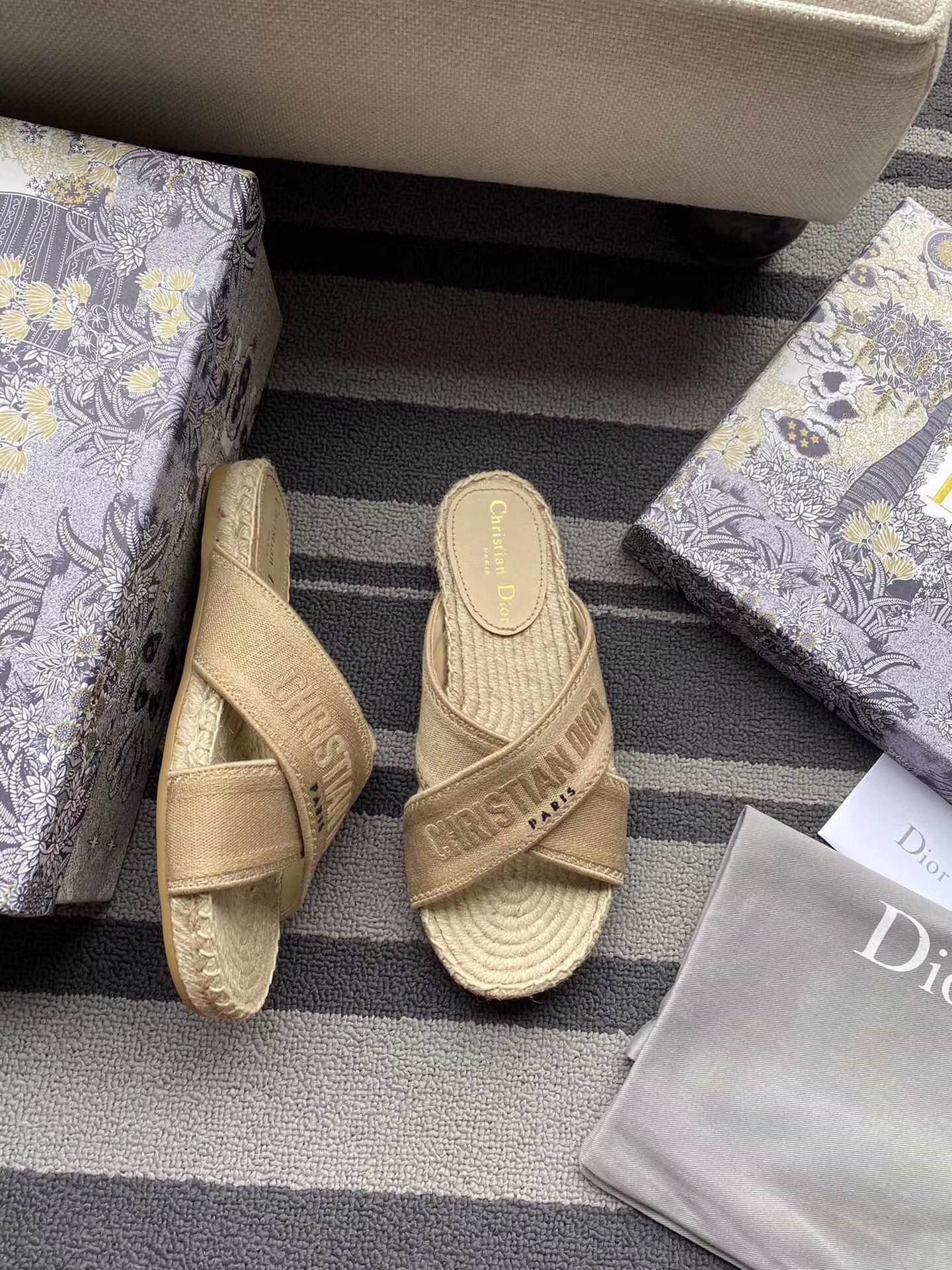 D*or granville espadrilles sandals in beige embroidered cotton