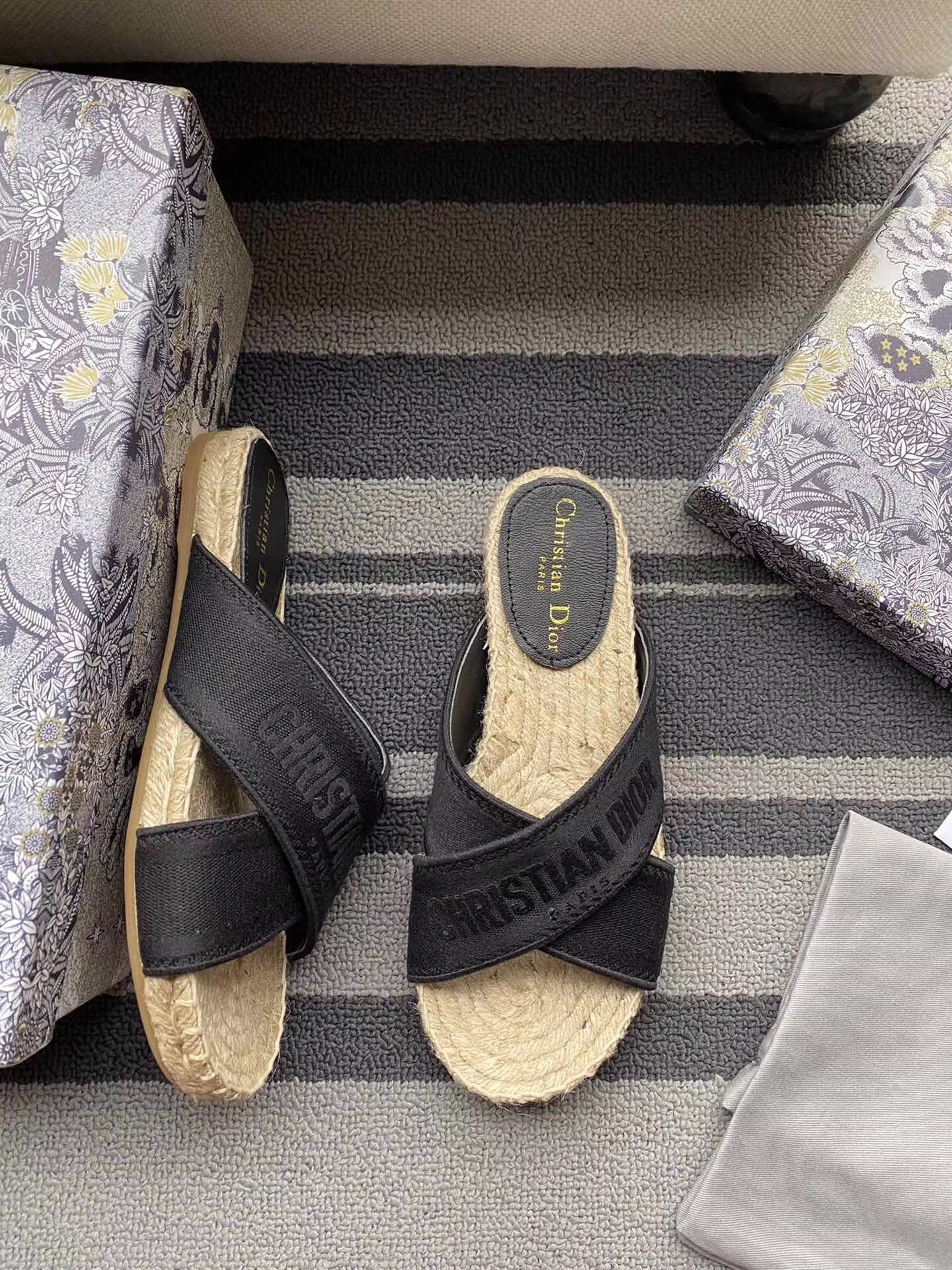 D*or granville espadrilles sandals in black embroidered cotton