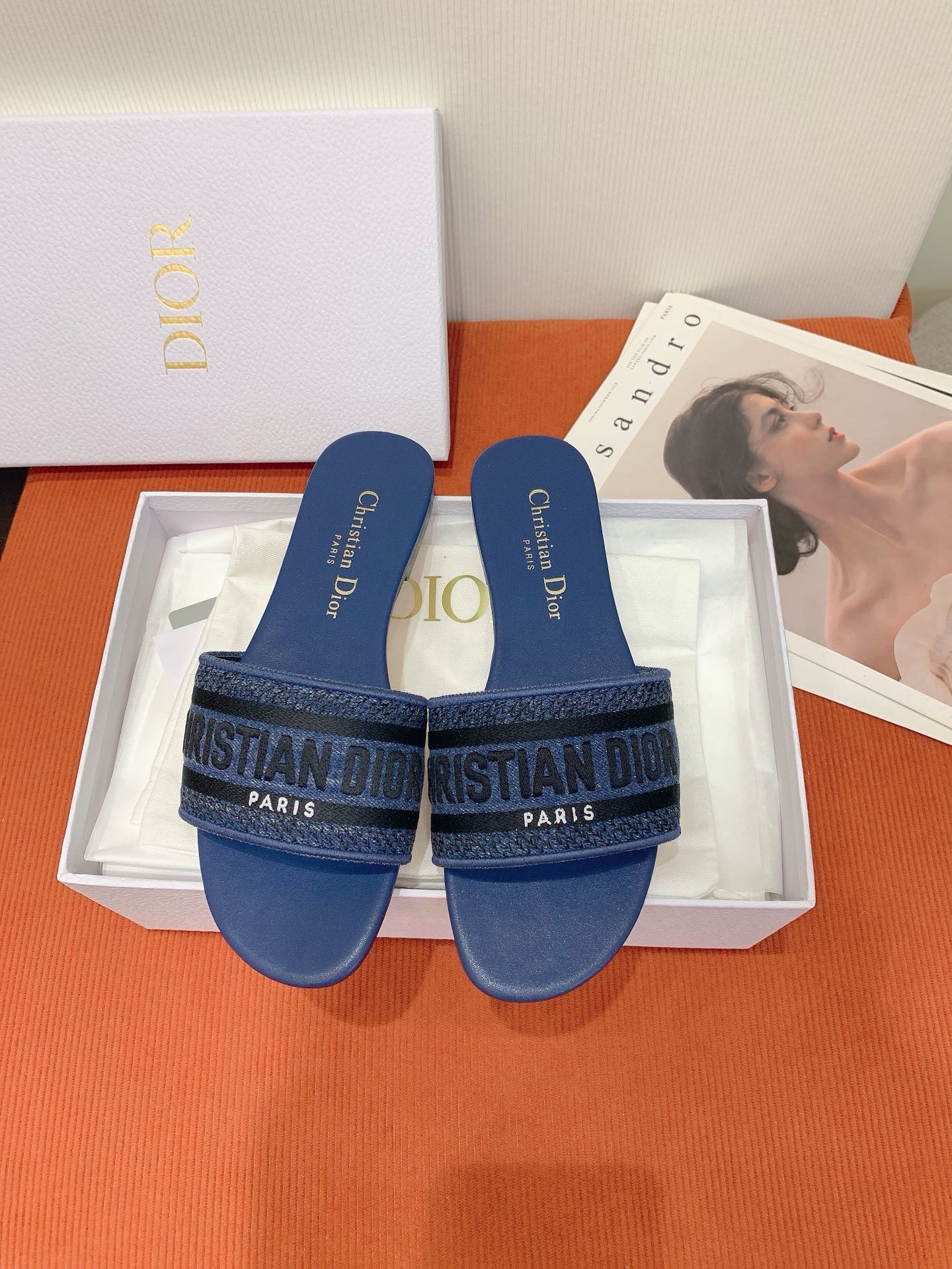 D*or dway slides in blue embroidered cotton denim