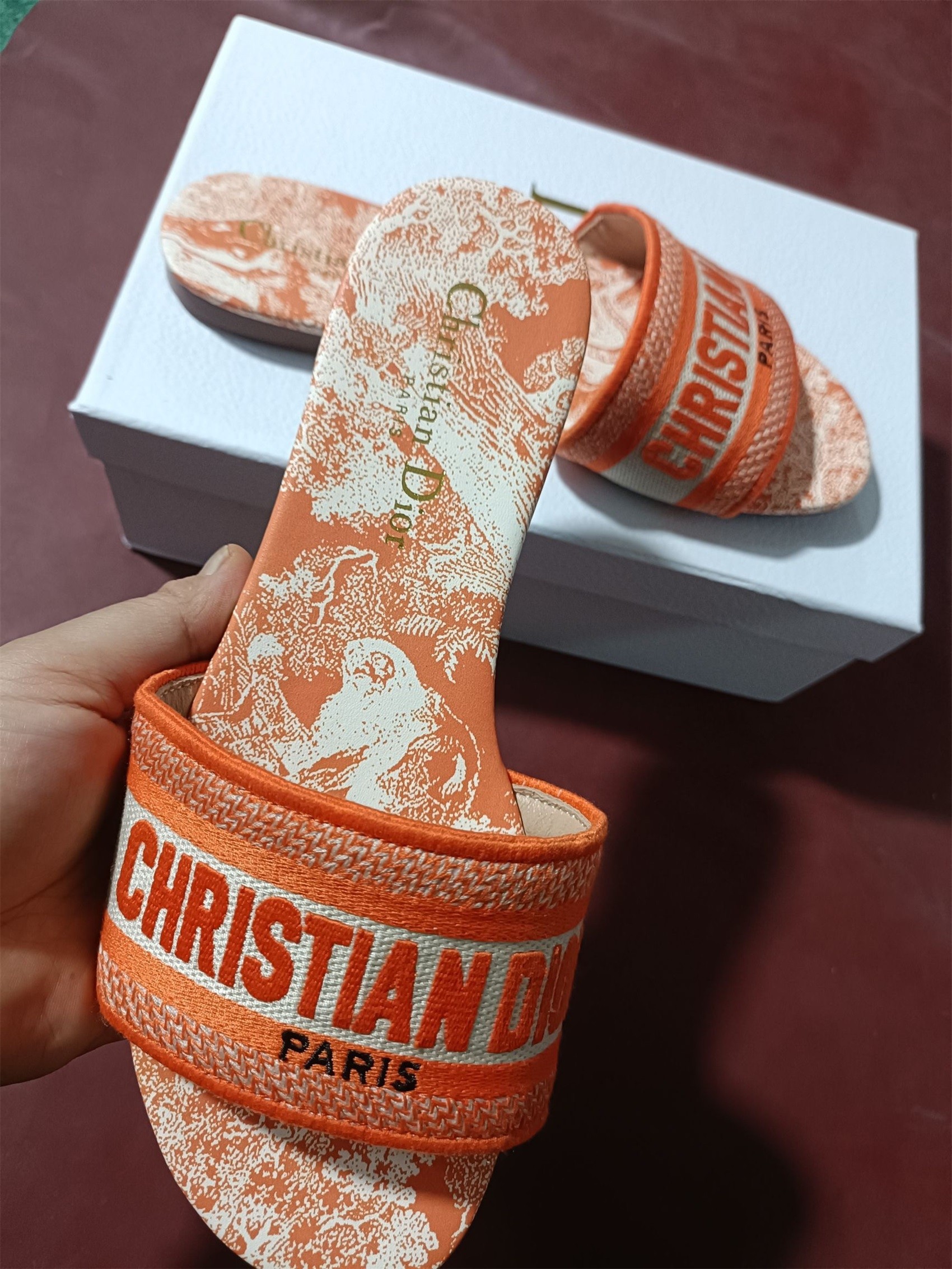 D*or dway slides in bright orange toile de jouy embroidered