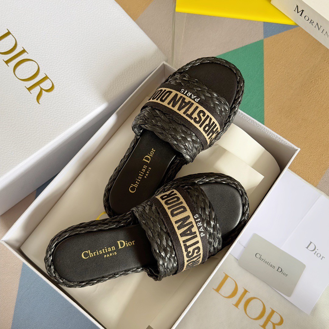 D*or dway slides in black embroidered raffia and cotton
