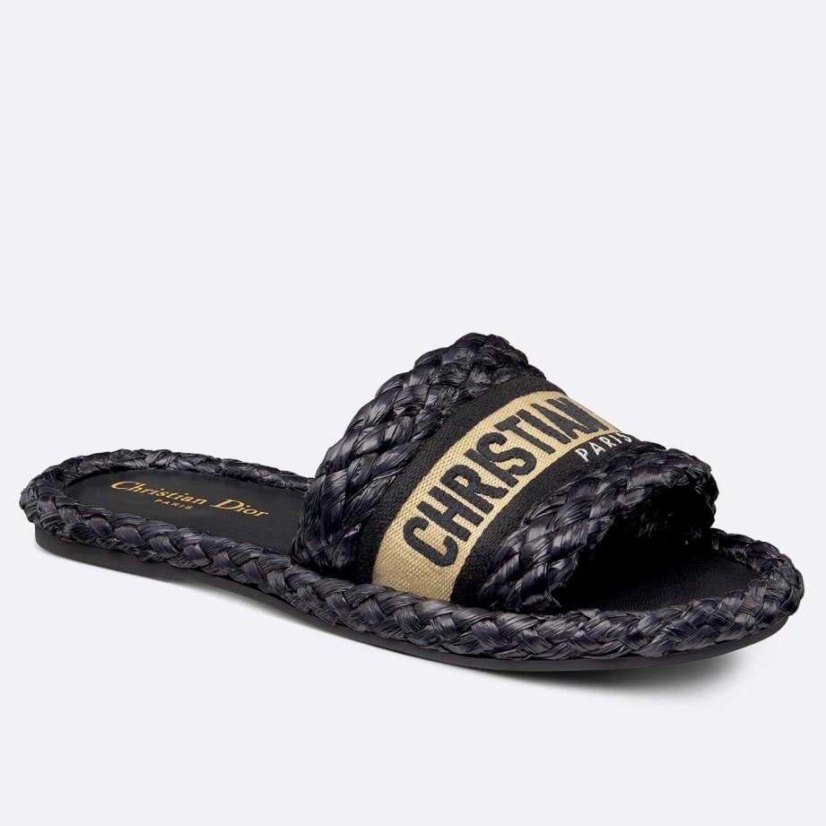 D*or dway slides in black embroidered raffia and cotton