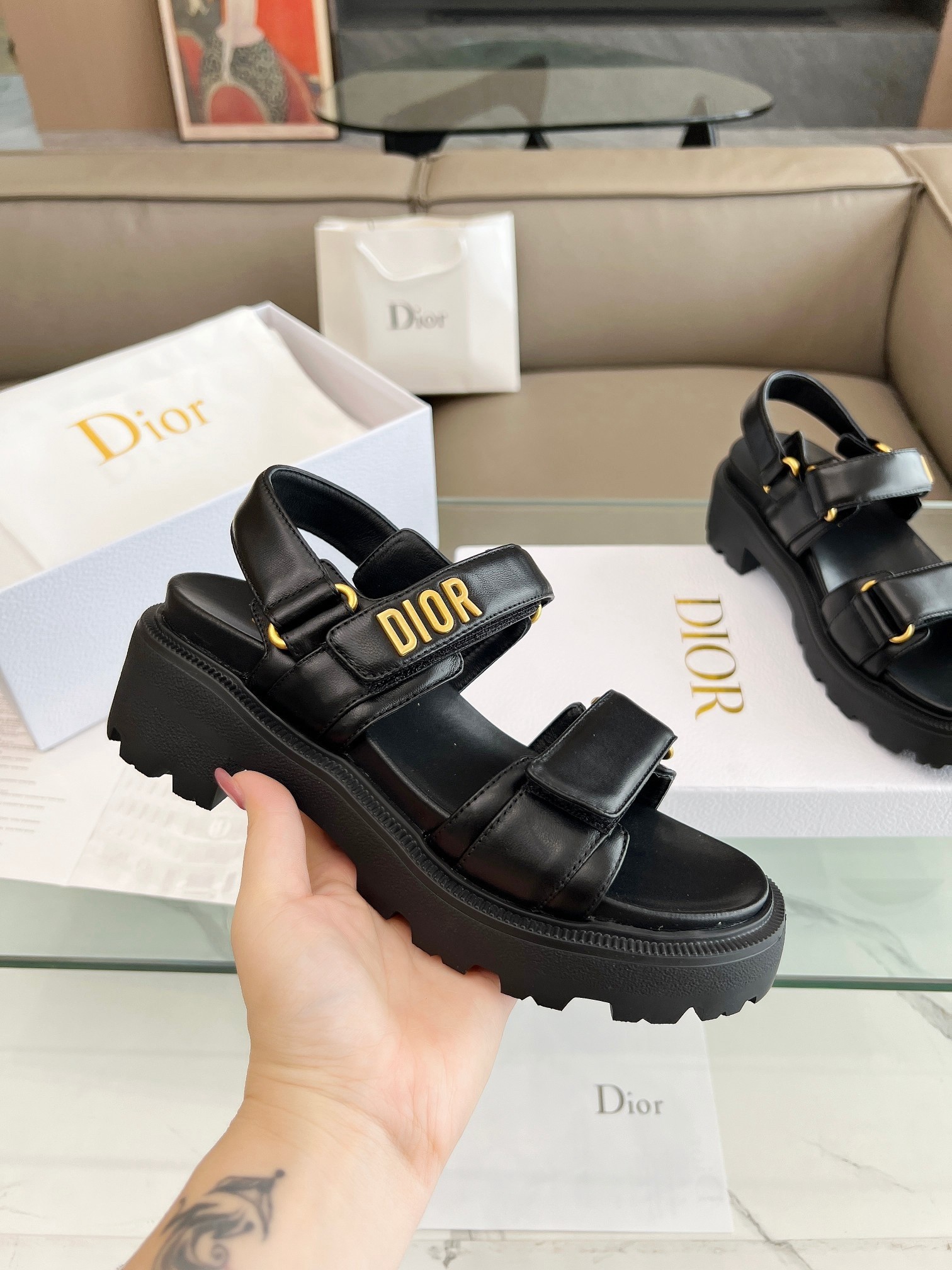 D*or D*oract platform sandals in black lambskin