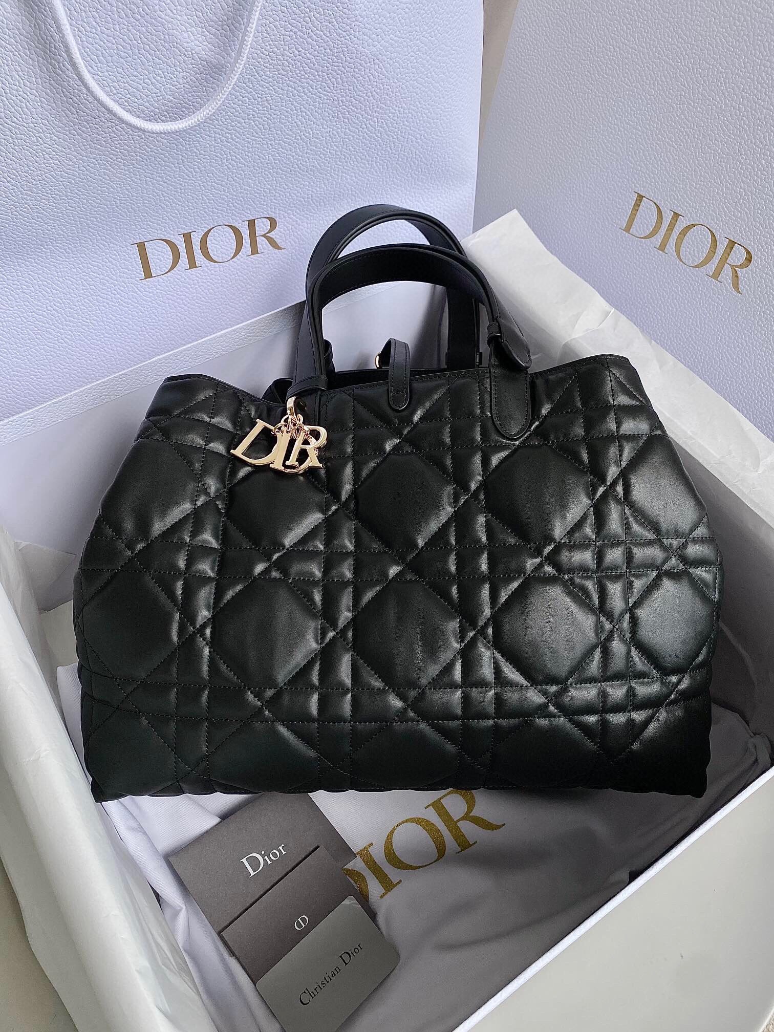 D*or toujours large bag in black macrocannage calfskin