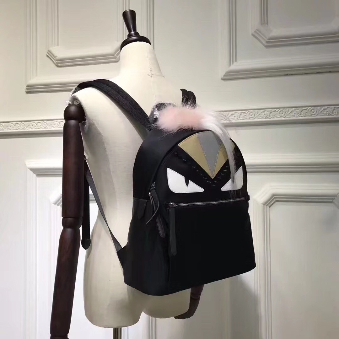 F**di black bag bugs eyes fox fur studs backpack