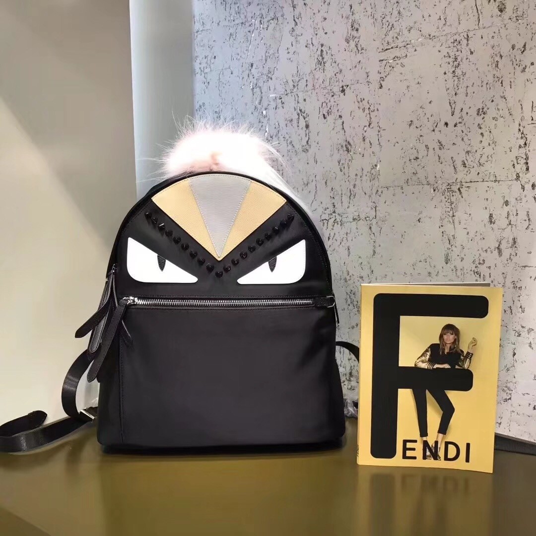 F**di black bag bugs eyes fox fur studs backpack