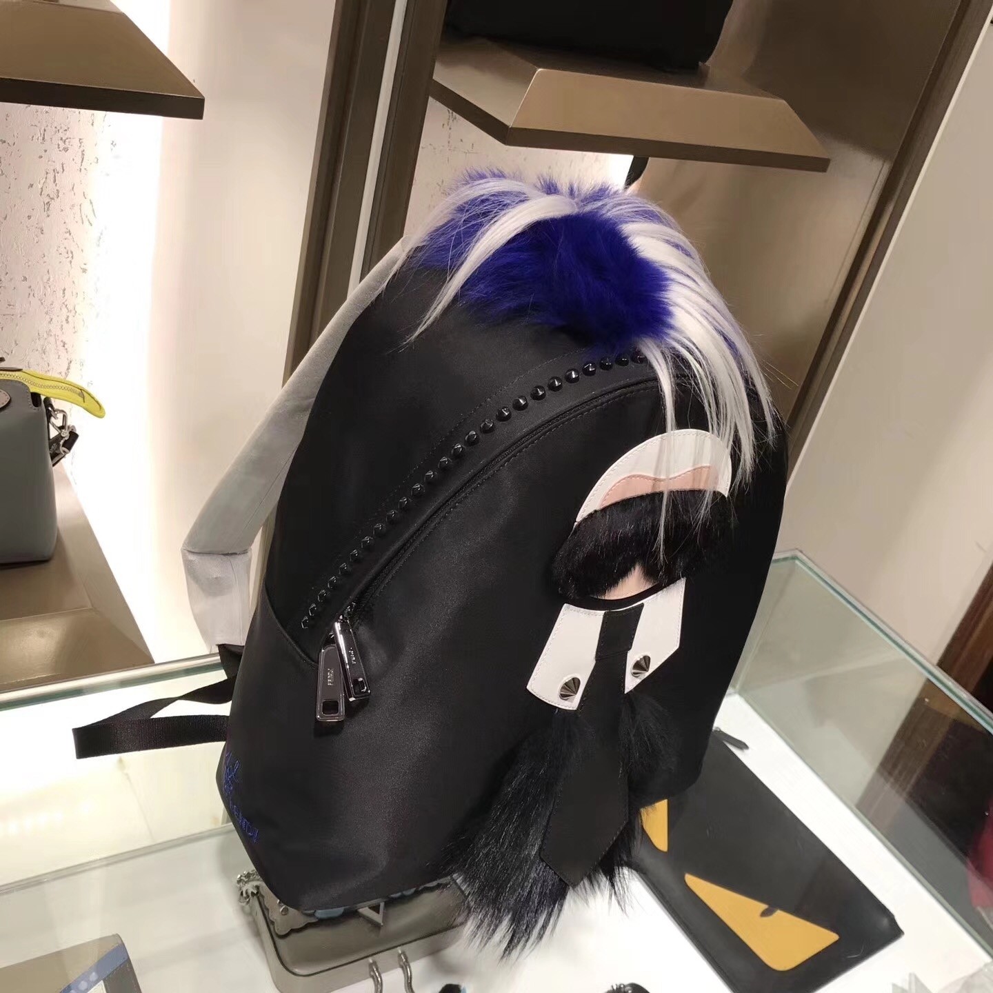 F**di black fur depict karlito appliques backpack