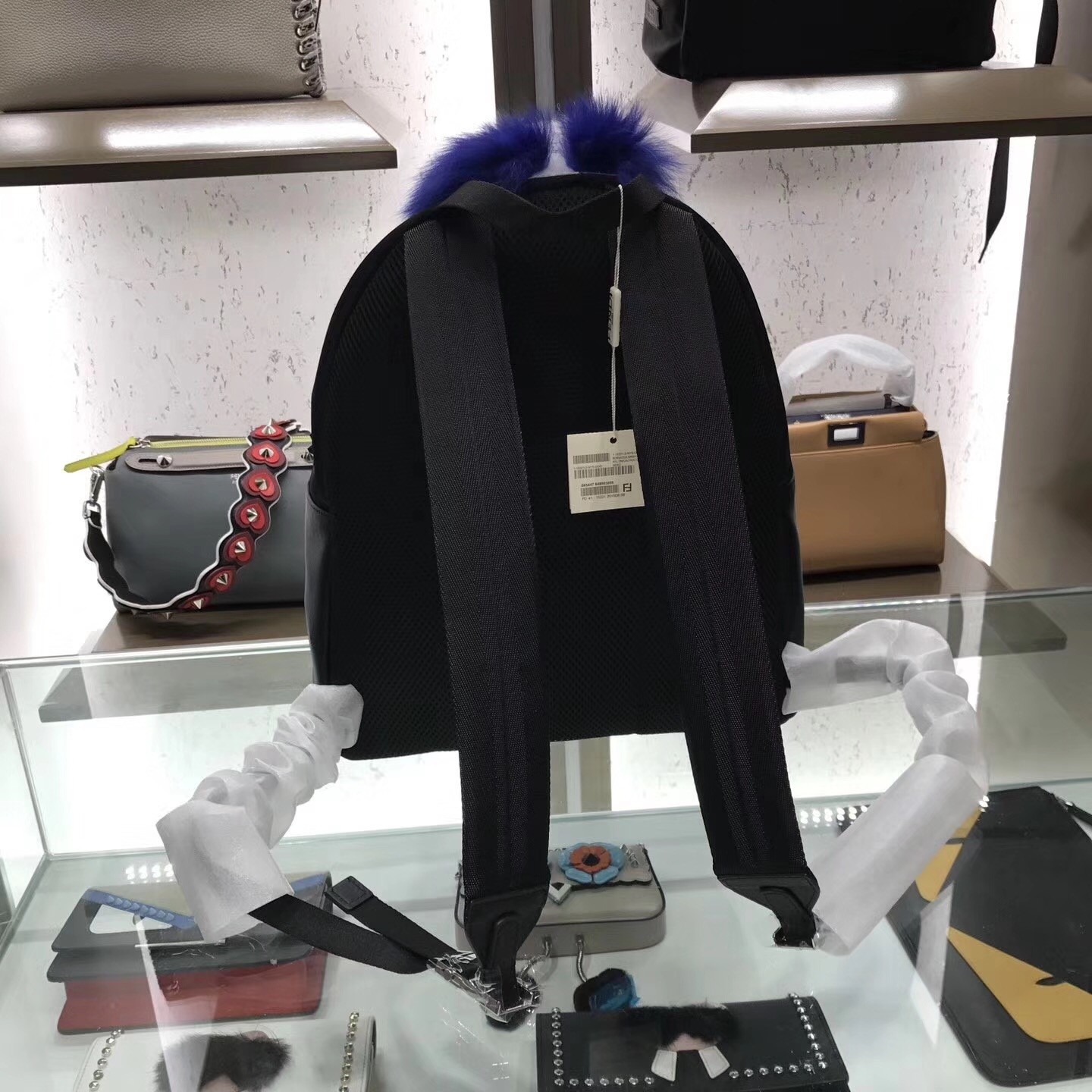 F**di black fur depict karlito appliques backpack