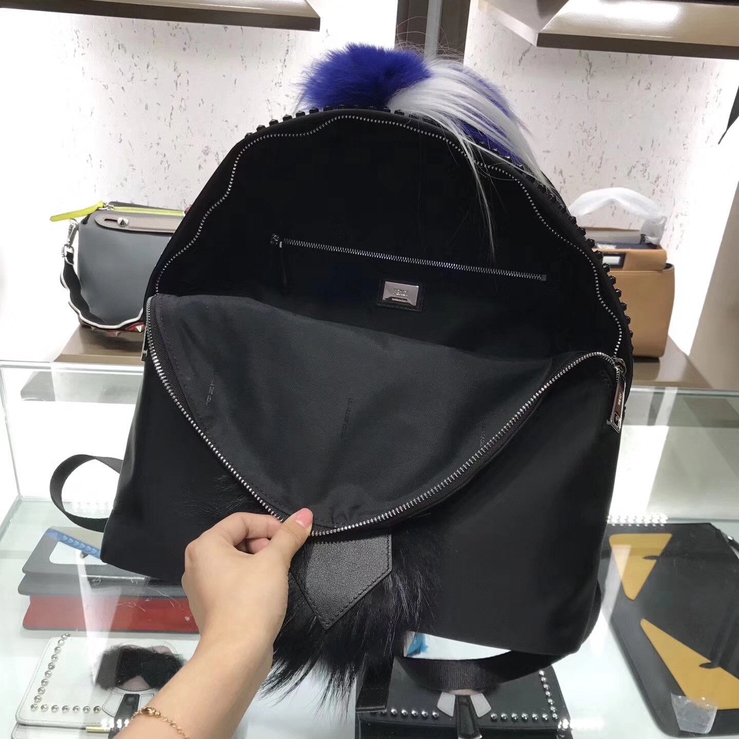 F**di black fur depict karlito appliques backpack