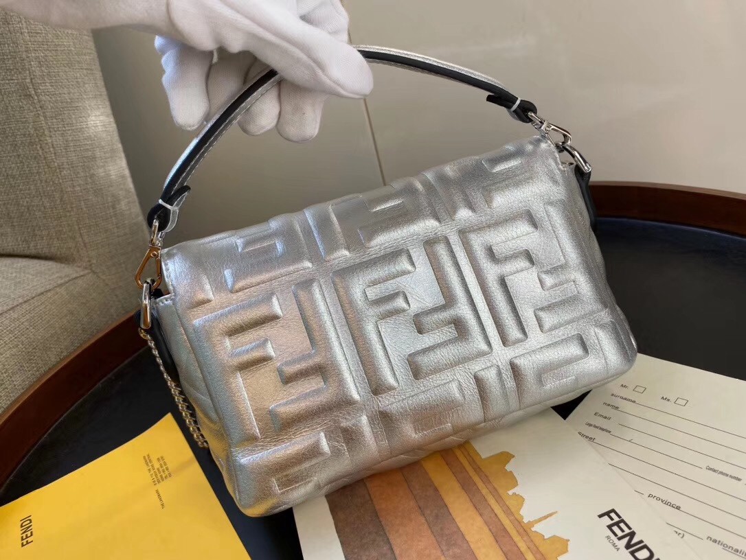 F**di baguette mini bag in silver lambskin with ff motif